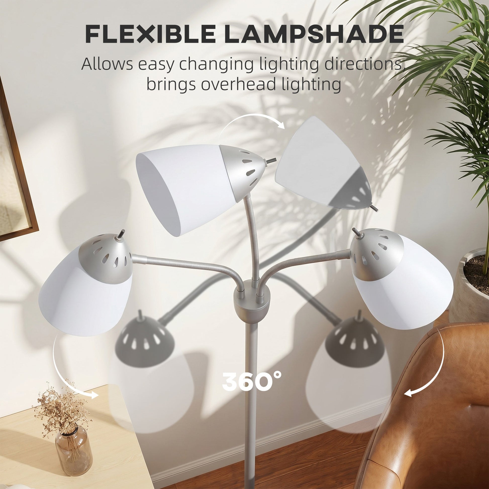 Arc Tree Floor Lamp with 3 Adjustable Rotating Lights, Industrial Standing Lamp with Steel Frame for Bedroom Living Room, 155cm, Silver Tone