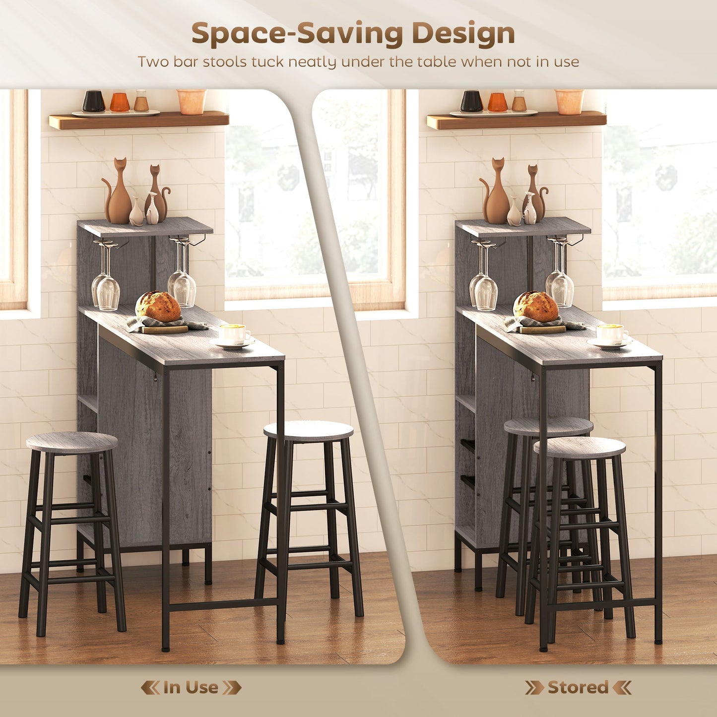 3 Pieces Dining Room Set, 6-Tier Dining Table with Storage Shelves, Wine Racks, Glass Holders, 2 Round Stools with Footrest, for Small Spaces, Kitchen, Dining Room, Natural Wood Finish
