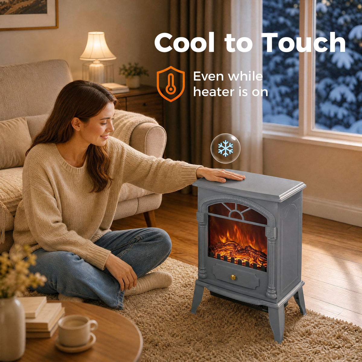 Electric Fireplace Stove Heater with 3D Flame Effect, 2000W/1000W, Freestanding Portable Fireplace with Adjustable Thermostat, 2 Heat Settings for Living Room, Grey
