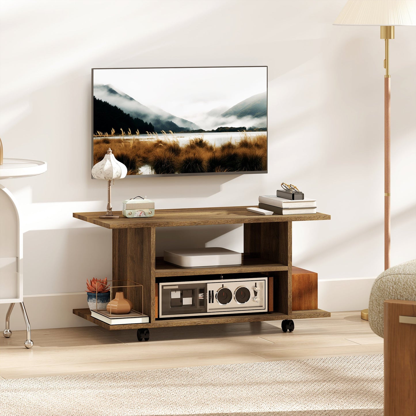 Modern TV Cabinet Stand Storage Shelves Table Mobile Bedroom Furniture Bookshelf Bookcase Walnut