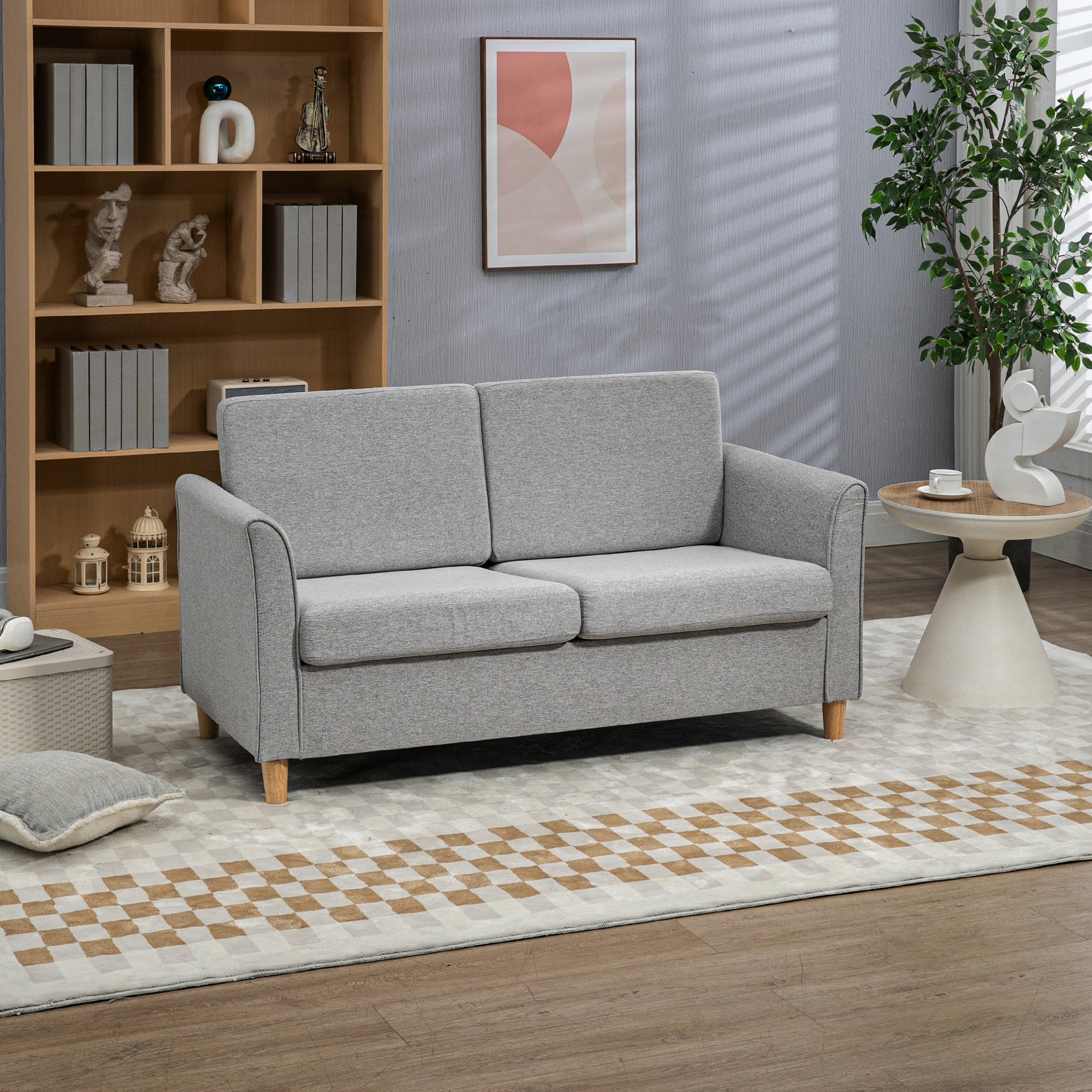 HOMCOM 2 Seater Sofa, Compact Loveseat, Fabric Couch with Wood Legs and Armrest, for Living Room and Home Office Light Grey