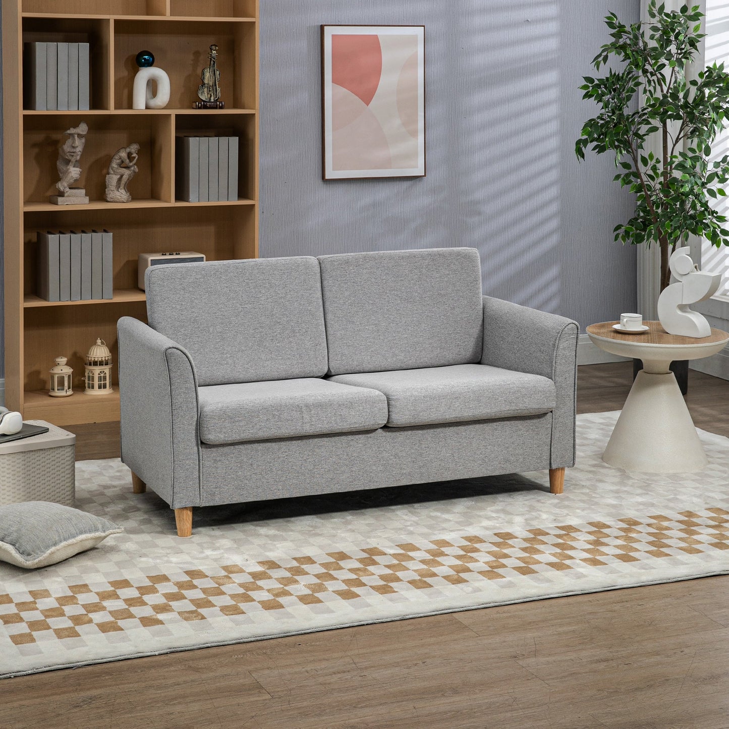 HOMCOM 2 Seater Sofa, Compact Loveseat, Fabric Couch with Wood Legs and Armrest, for Living Room and Home Office Light Grey