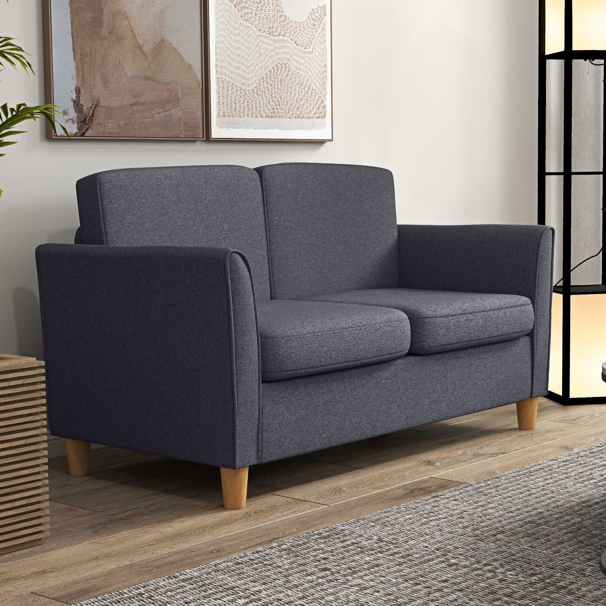 HOMCOM 2 Seater Sofa, Compact Loveseat, Fabric Couch with Wood Legs and Armrest, for Living Room and Home Office Dark Grey
