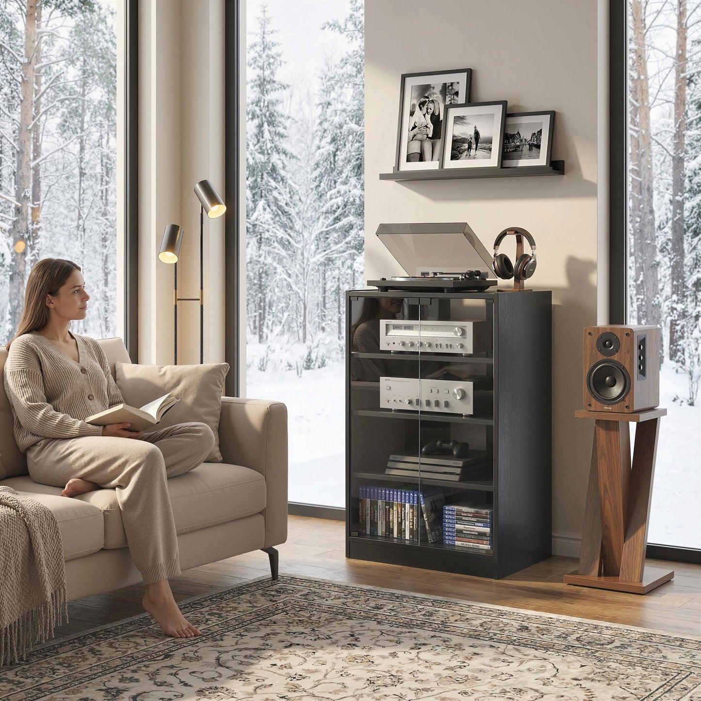 Record Player Stand with Storage, 4-Tier Hi-Fi Stand, Media Cabinet with Adjustable Shelves, Push-to-Open Glass Doors and Cable Management for Music Room and Living Room, Black Wood-Effect