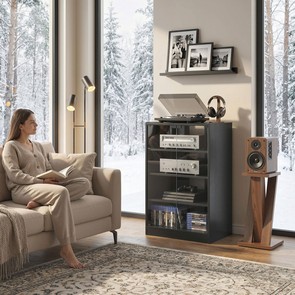 Record Player Stand with Storage, 4-Tier Hi-Fi Stand, Media Cabinet with Adjustable Shelves, Push-to-Open Glass Doors and Cable Management for Music Room and Living Room, Black Wood-Effect
