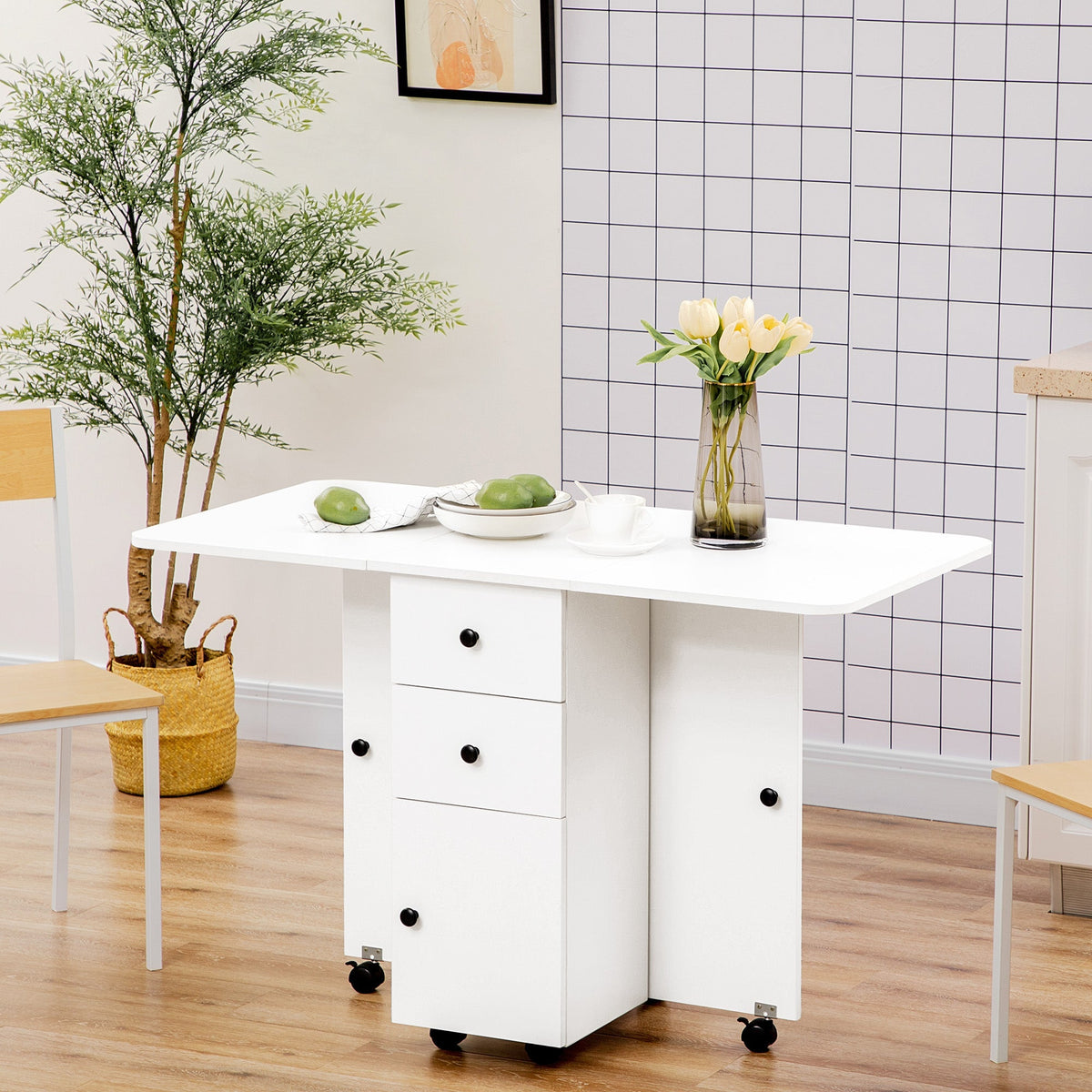 HOMCOM Folding Dining Table for 4-6, Rolling Drop Leaf Table with Storage Drawers, Cabinet and Open Shelf, Extendable Kitchen Table on Wheels, White