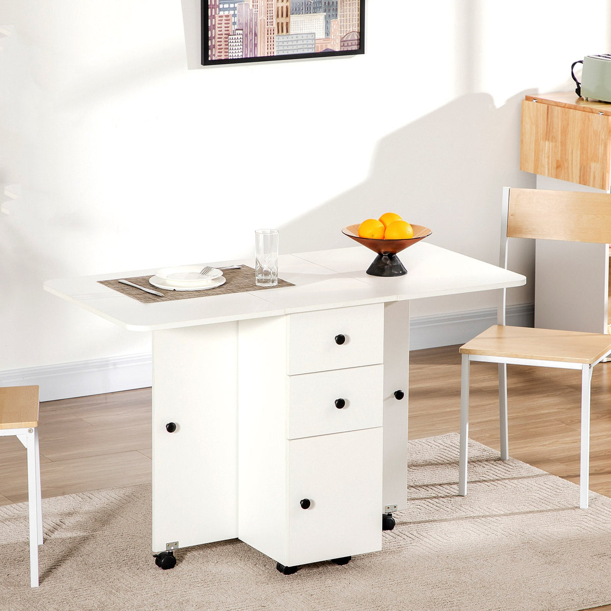 HOMCOM Folding Dining Table for 4-6, Rolling Drop Leaf Table with Storage Drawers, Cabinet and Open Shelf, Extendable Kitchen Table on Wheels, White