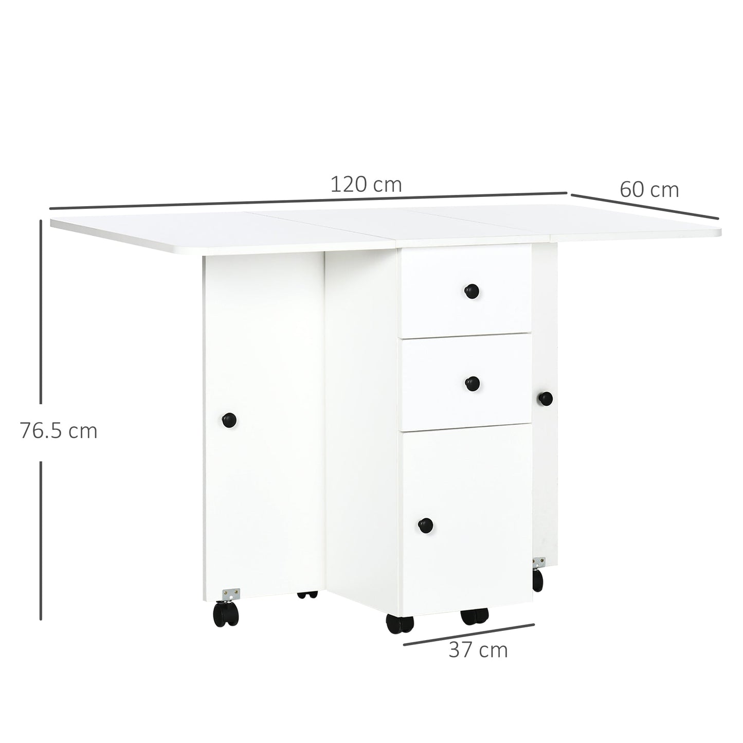 HOMCOM Folding Dining Table for 4-6, Rolling Drop Leaf Table with Storage Drawers, Cabinet and Open Shelf, Extendable Kitchen Table on Wheels, White