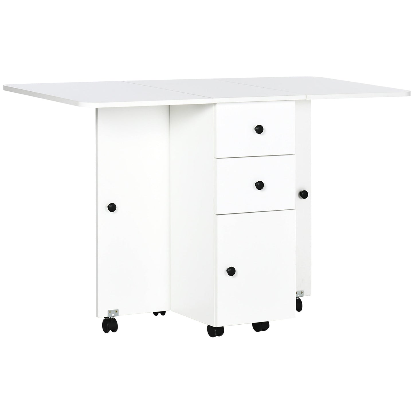 HOMCOM Folding Dining Table for 4-6, Rolling Drop Leaf Table with Storage Drawers, Cabinet and Open Shelf, Extendable Kitchen Table on Wheels, White