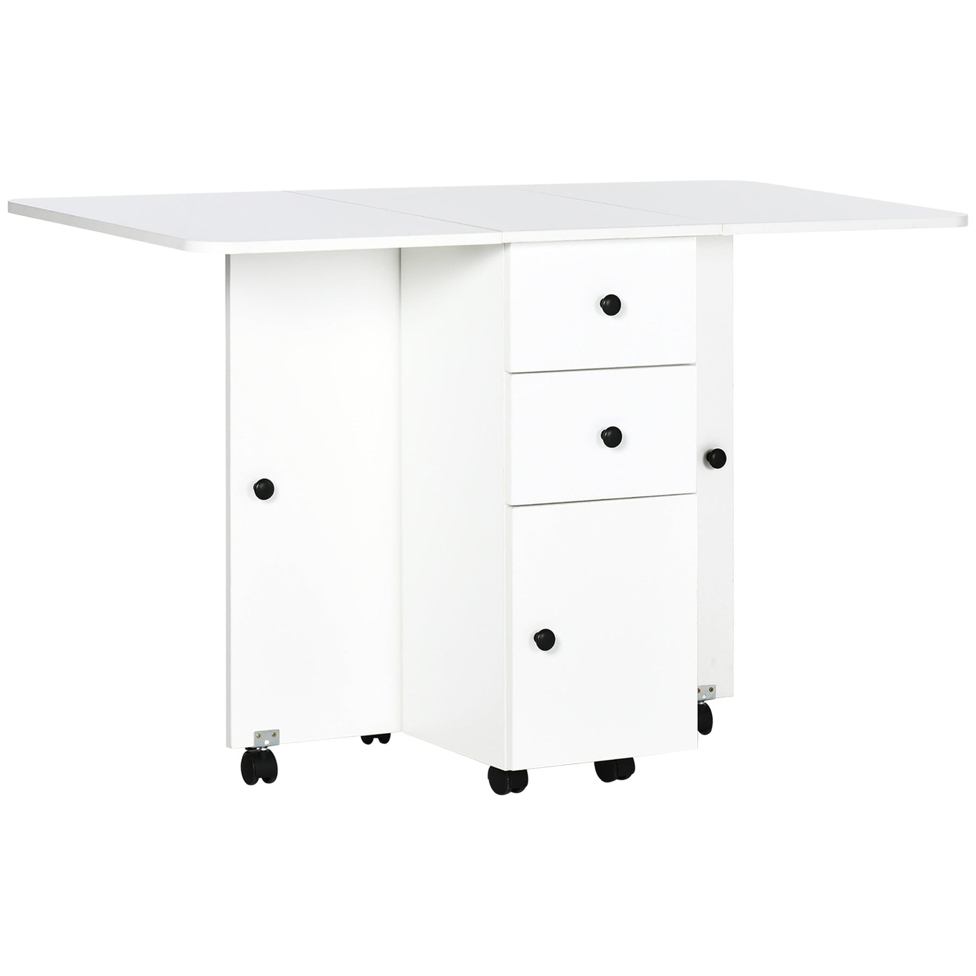 HOMCOM Folding Dining Table for 4-6, Rolling Drop Leaf Table with Storage Drawers, Cabinet and Open Shelf, Extendable Kitchen Table on Wheels, White