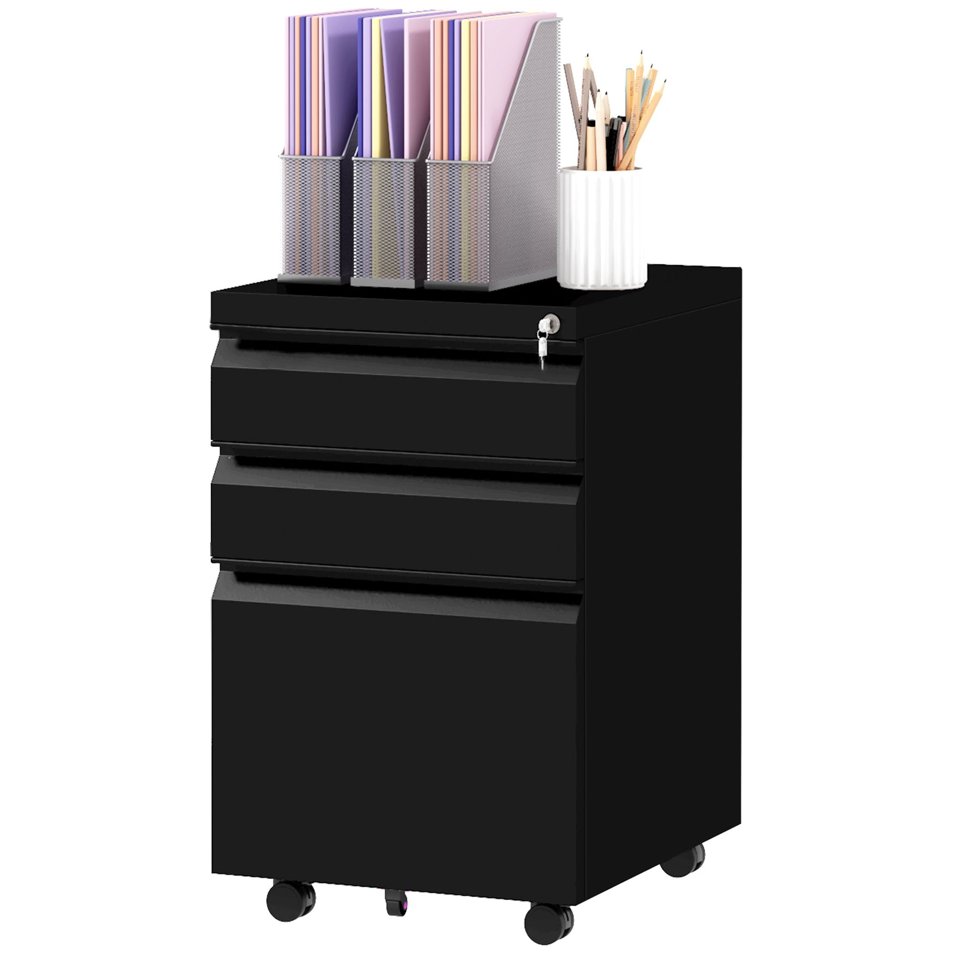 Vinsetto 3-Drawer Mobile Filing Cabinet with Pencil Tray, Steel Lockable File Cabinet for Letter, A4 and Legal Size, Pre-Assembled Body, Black
