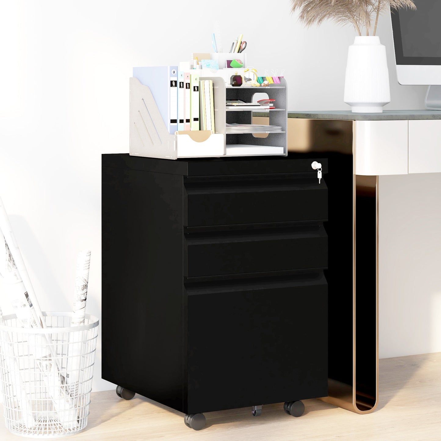 Vinsetto 3-Drawer Mobile Filing Cabinet with Pencil Tray, Steel Lockable File Cabinet for Letter, A4 and Legal Size, Pre-Assembled Body, Black