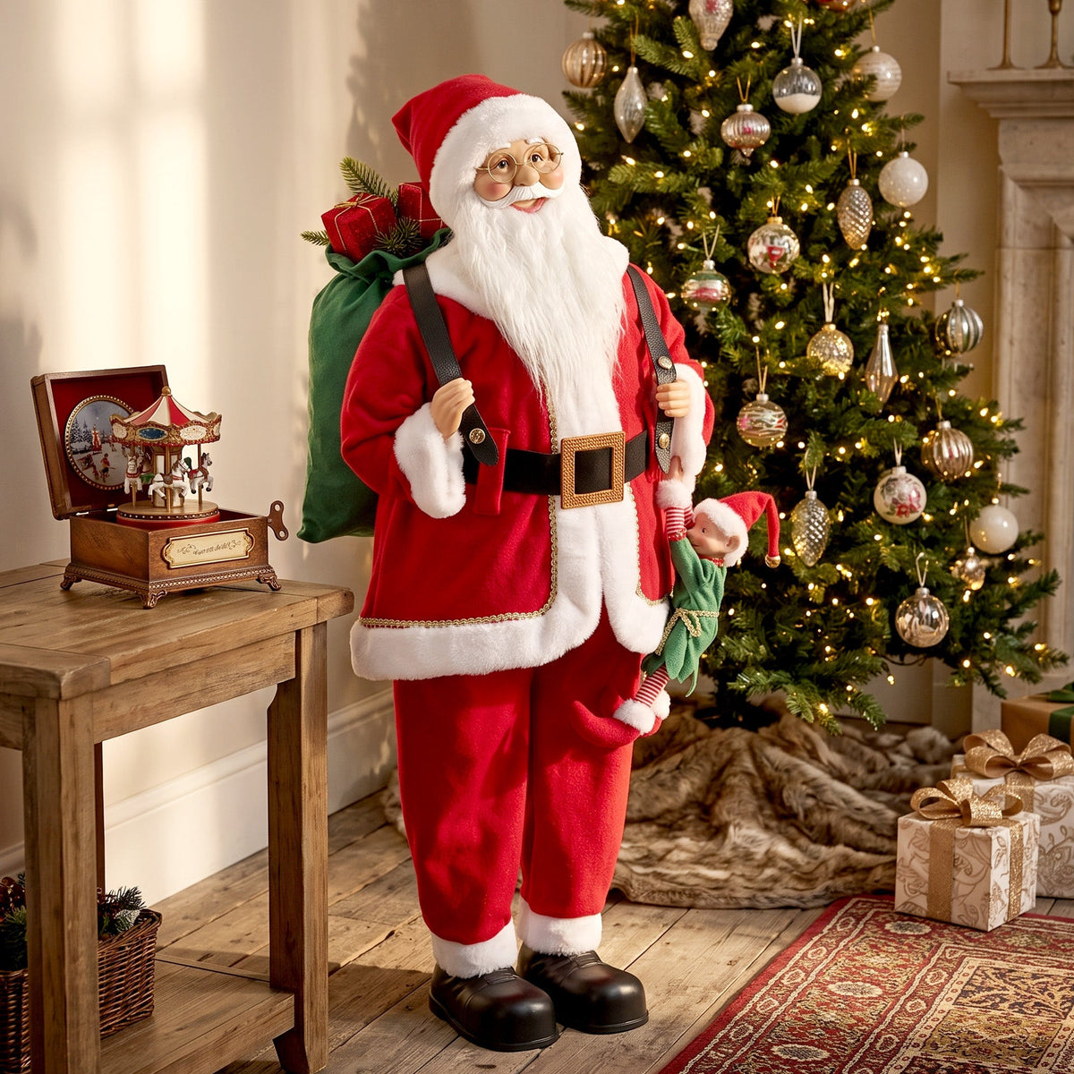 4ft Life Size Singing Dancing Santa Claus, 120 cm Standing Musical Animated Santa with Sack, Hanging Elf, Posable Arms, Handcrafted, Sound Touch Activated, Moving Christmas Figure Decoration