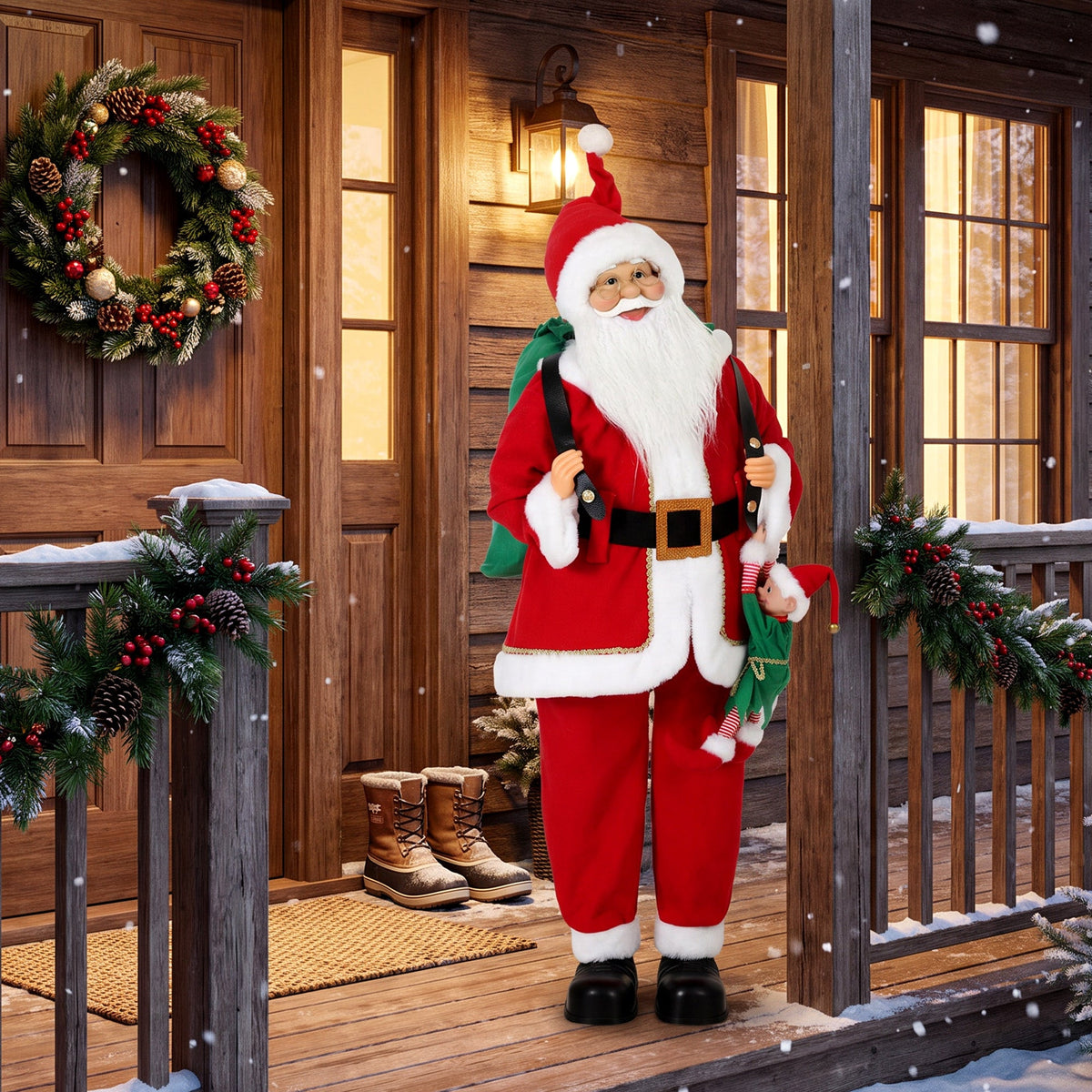 4ft Life Size Singing Dancing Santa Claus, 120 cm Standing Musical Animated Santa with Sack, Hanging Elf, Posable Arms, Handcrafted, Sound Touch Activated, Moving Christmas Figure Decoration