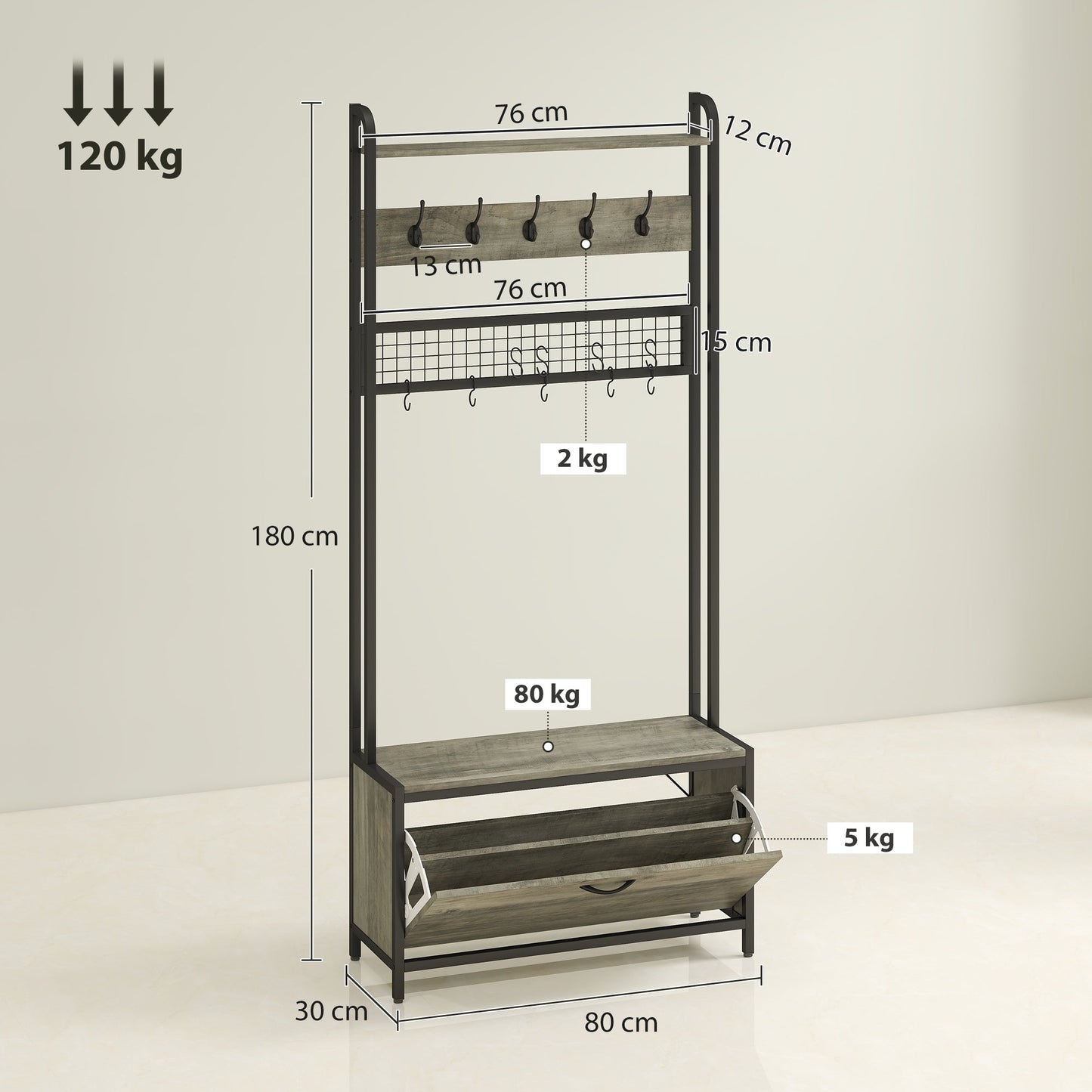 Coat Rack with Shoe Storage Bench and Grid Panel, Hall Tree, 5-In-1 Industrial Coat Rack Stand with Shoe Cabinet and 10 Hooks for Hallway, Entryway, Living Room, Grey