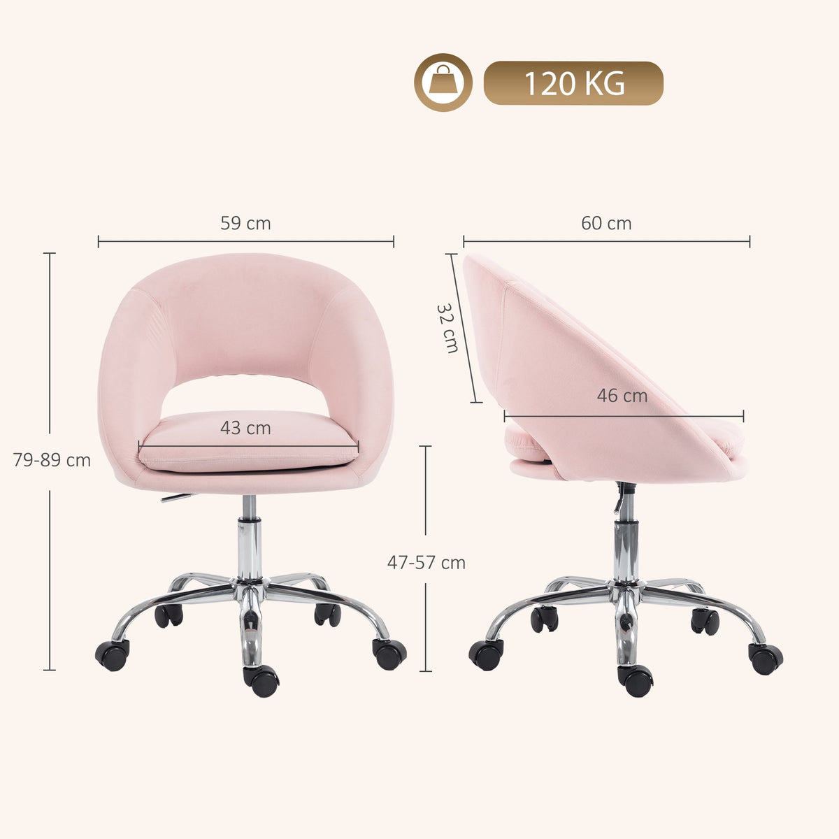 Modern Office Chair, Velvet Desk Chair with Swivel Seat, Height-Adjustable, with Wheels, for Home Study, Bedroom, Pink
