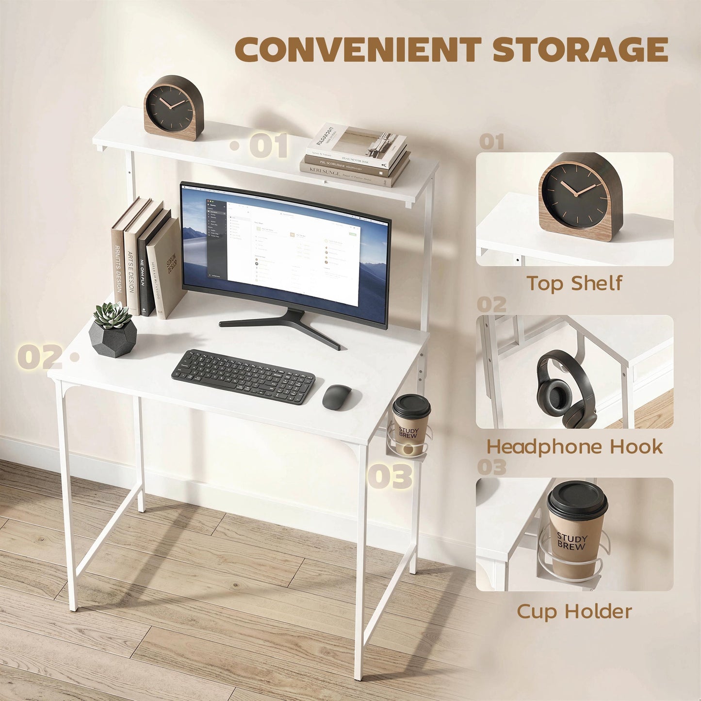 Computer Desk, 80cm Home Office Study Table with Hutch Shelf, Cup Holder, Headphone Hook, Metal Frame, Space Saving Writing Desk, White