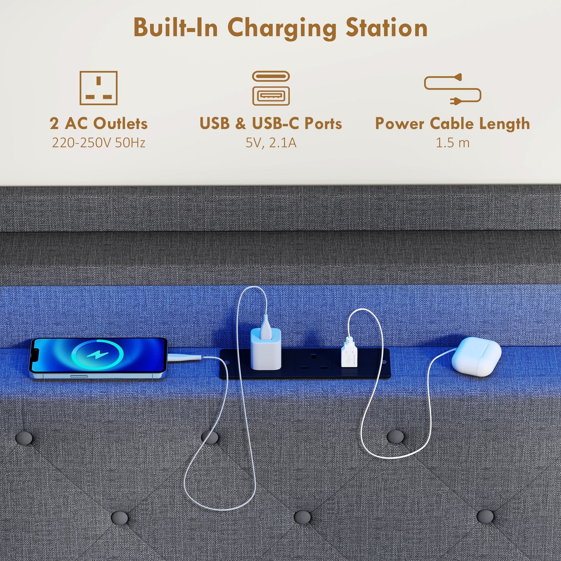 4ft6 Double Bed Frame, Floating Bed Frame with Music Sync RGB LED Lights and Charging Station, Upholstered Headboard with Storage Shelves, No Box Spring Needed, Noise Free, Grey