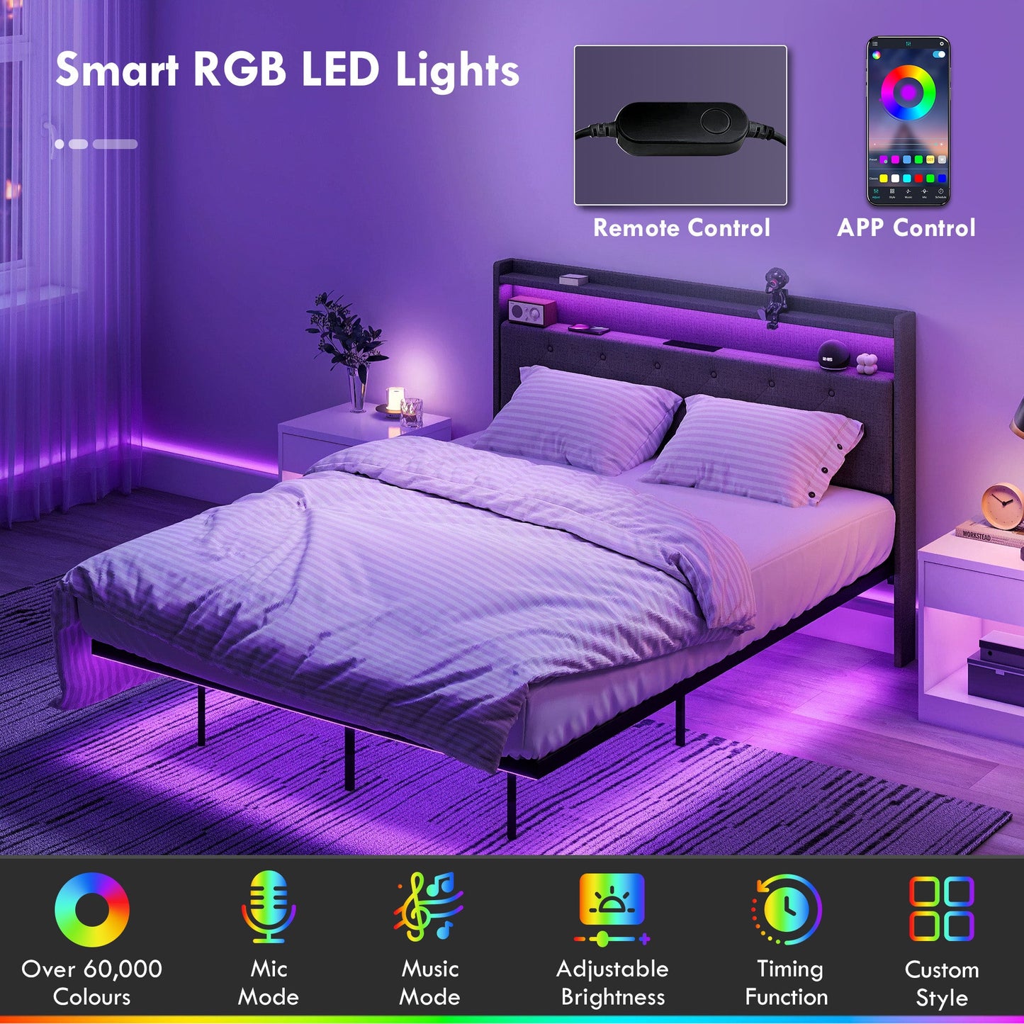 4ft6 Double Bed Frame, Floating Bed Frame with Music Sync RGB LED Lights and Charging Station, Upholstered Headboard with Storage Shelves, No Box Spring Needed, Noise Free, Grey