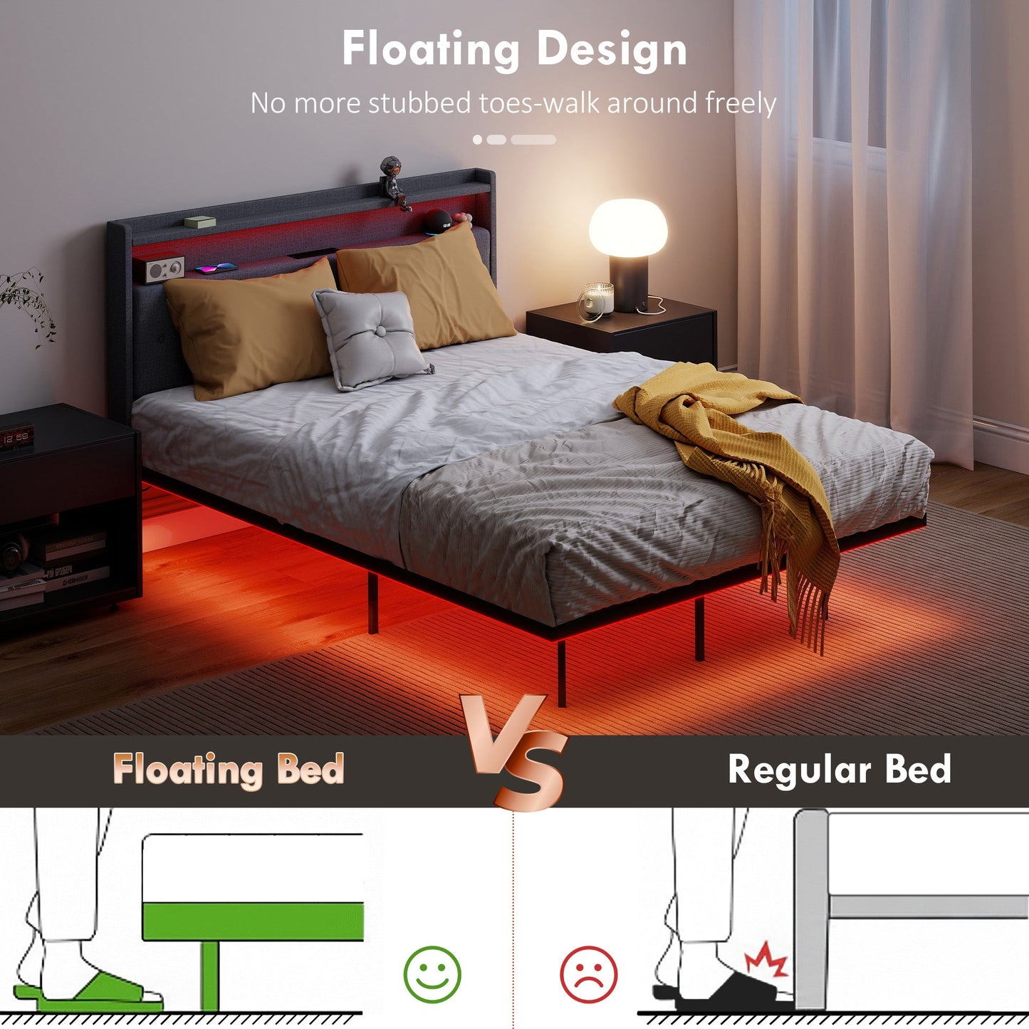 4ft6 Double Bed Frame, Floating Bed Frame with Music Sync RGB LED Lights and Charging Station, Upholstered Headboard with Storage Shelves, No Box Spring Needed, Noise Free, Grey