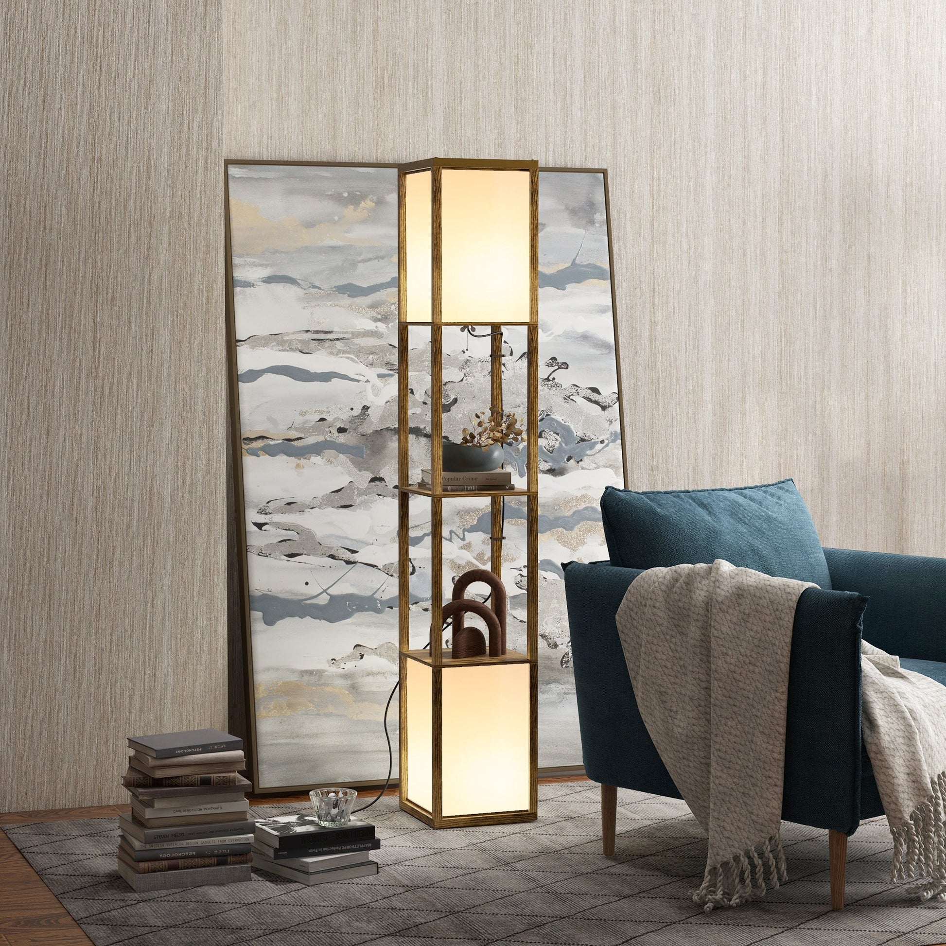 HOMCOM Floor Lamp with Shelves and Dual Light, Modern Corner Standing Lamp for Living Room, Bedroom, Bulb not Included, Rustic Brown