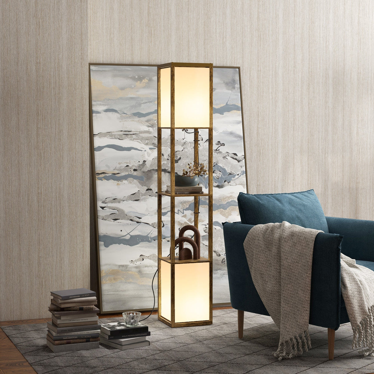 HOMCOM Floor Lamp with Shelves and Dual Light, Modern Corner Standing Lamp for Living Room, Bedroom, Bulb not Included, Rustic Brown