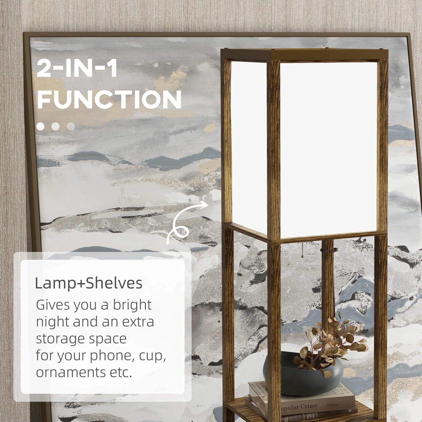 HOMCOM Floor Lamp with Shelves and Dual Light, Modern Corner Standing Lamp for Living Room, Bedroom, Bulb not Included, Rustic Brown