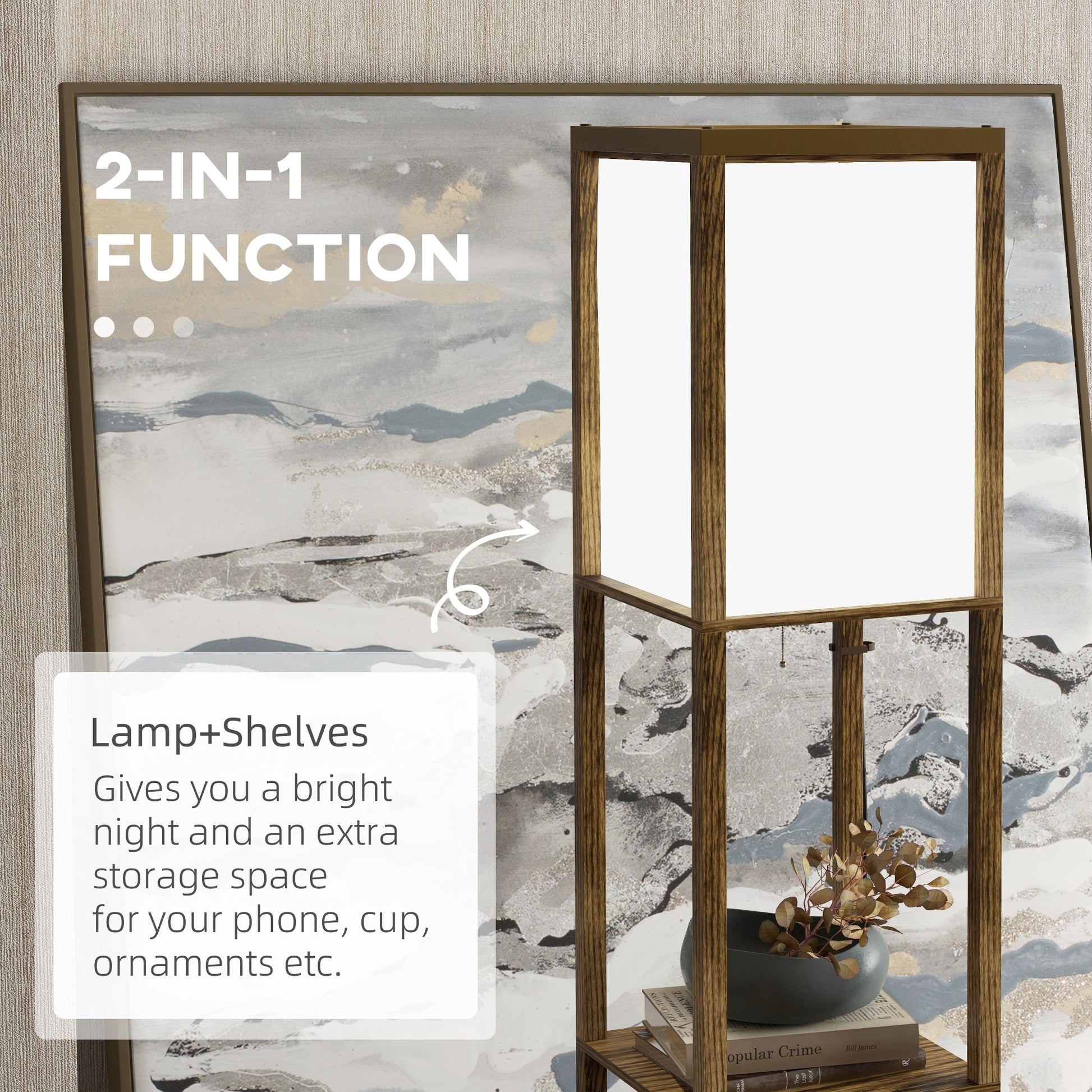 HOMCOM Floor Lamp with Shelves and Dual Light, Modern Corner Standing Lamp for Living Room, Bedroom, Bulb not Included, Rustic Brown