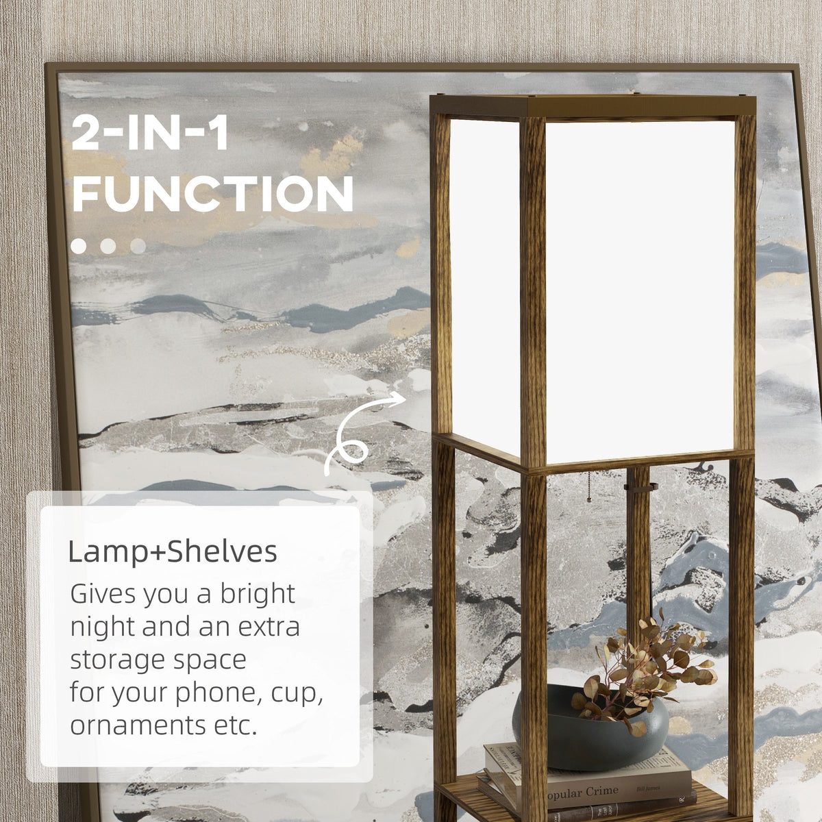HOMCOM Floor Lamp with Shelves and Dual Light, Modern Corner Standing Lamp for Living Room, Bedroom, Bulb not Included, Rustic Brown