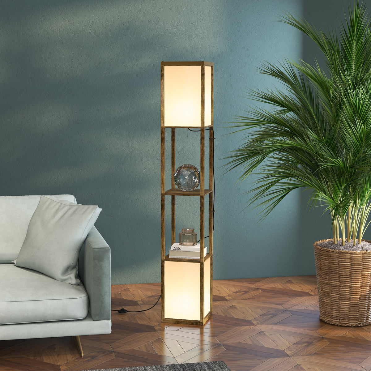 HOMCOM Floor Lamp with Shelves and Dual Light, Modern Corner Standing Lamp for Living Room, Bedroom, Bulb not Included, Rustic Brown