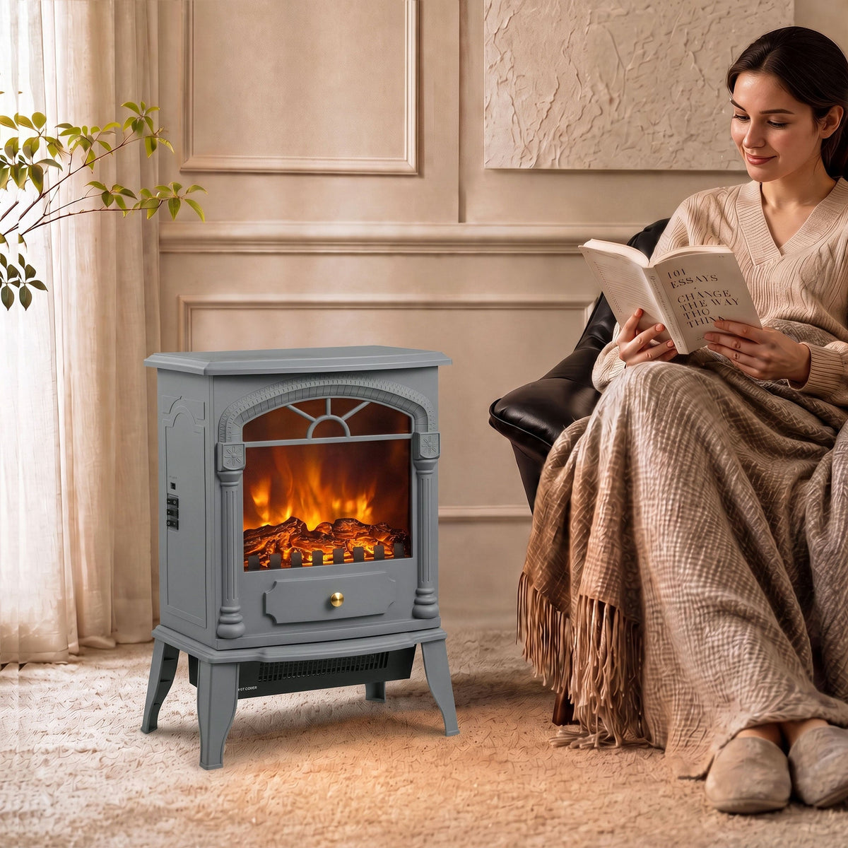 Electric Fireplace Stove Heater with 3D Flame Effect, 2000W/1000W, Freestanding Portable Fireplace with Adjustable Thermostat, 2 Heat Settings for Living Room, Grey
