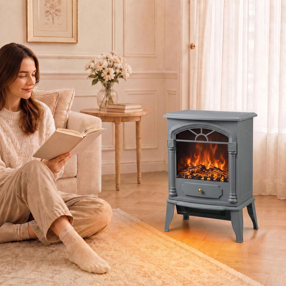 Electric Fireplace Stove Heater with 3D Flame Effect, 2000W/1000W, Freestanding Portable Fireplace with Adjustable Thermostat, 2 Heat Settings for Living Room, Grey