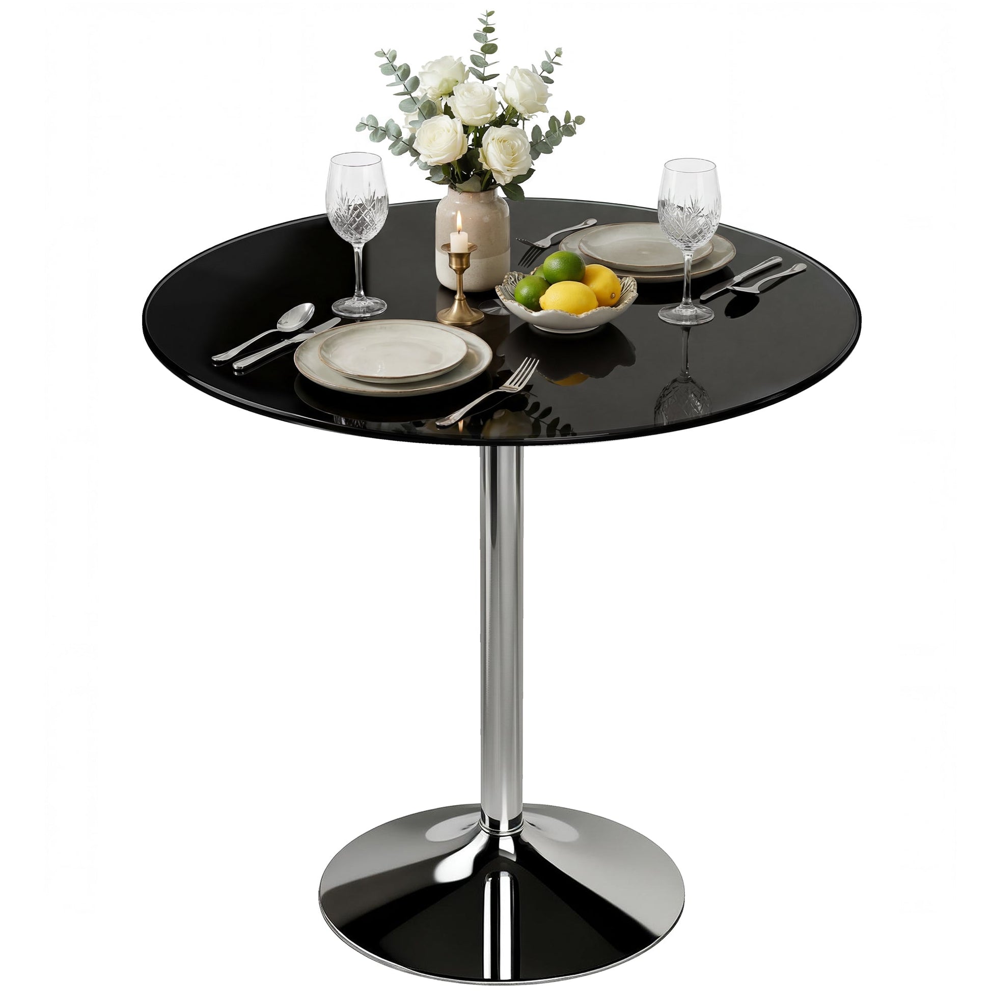 Round Bar Table, Modern Dining Table with Tempered Glass Top and Steel Frame for 4, Easy Assembly for Breakfast Bar, Dining Room, 80 x 80 x 77cm, Black