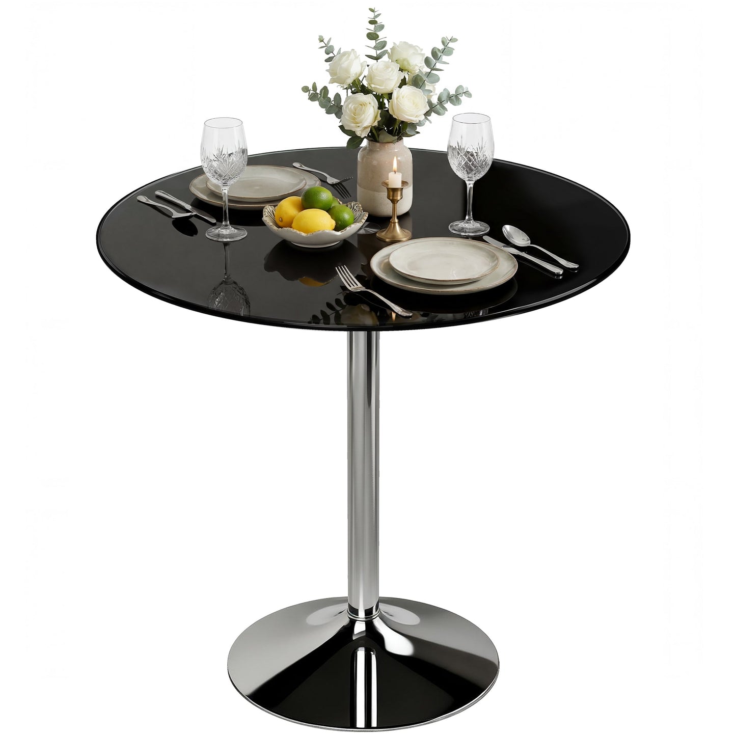 Round Bar Table, Modern Dining Table with Tempered Glass Top and Steel Frame for 4, Easy Assembly for Breakfast Bar, Dining Room, 80 x 80 x 77cm, Black