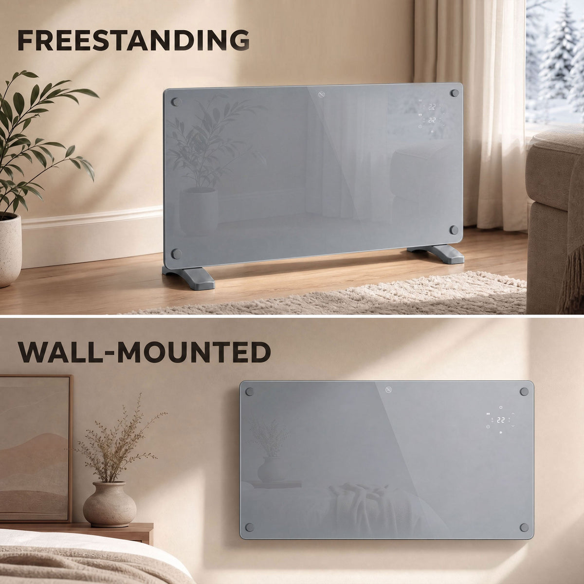 2000W Smart Glass Panel Heater Wall Mounted & Freestanding, Wifi Enabled, Works With Alexa & Google Home, Electric Heater with Weekly Timer, Open Window & Anti-Frost Mode, Thermostat, Grey