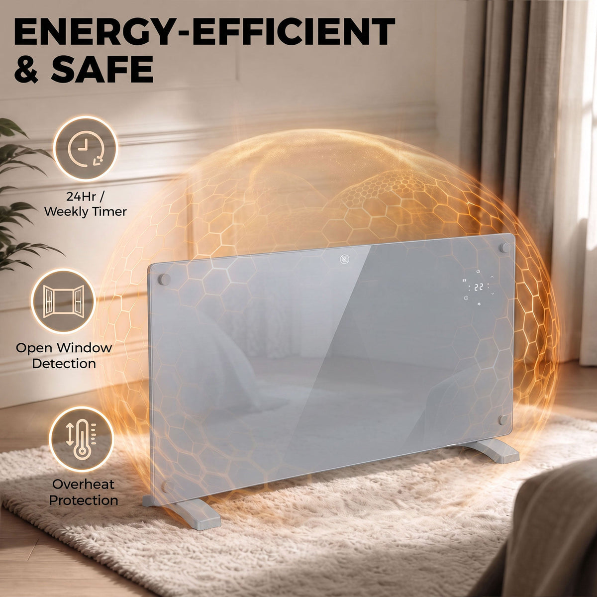 2000W Smart Glass Panel Heater Wall Mounted & Freestanding, Wifi Enabled, Works With Alexa & Google Home, Electric Heater with Weekly Timer, Open Window & Anti-Frost Mode, Thermostat, Grey