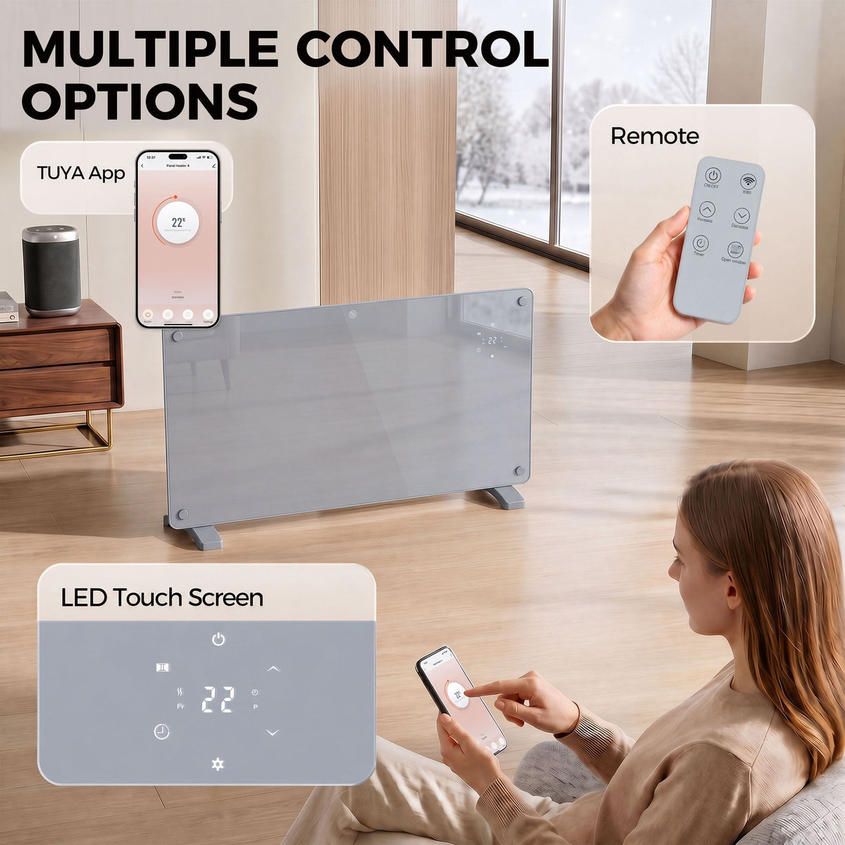 2000W Smart Glass Panel Heater Wall Mounted & Freestanding, Wifi Enabled, Works With Alexa & Google Home, Electric Heater with Weekly Timer, Open Window & Anti-Frost Mode, Thermostat, Grey
