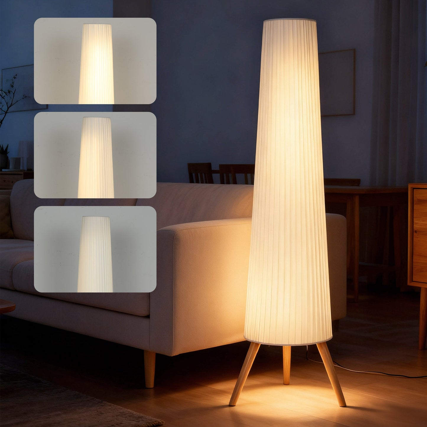 Dimmable Tripod Floor Lamp with Foot Switch, Nordic Standing Lamp with Wood Legs and Fabric Shade for Living Room, Bedroom, Office, 153cm, White