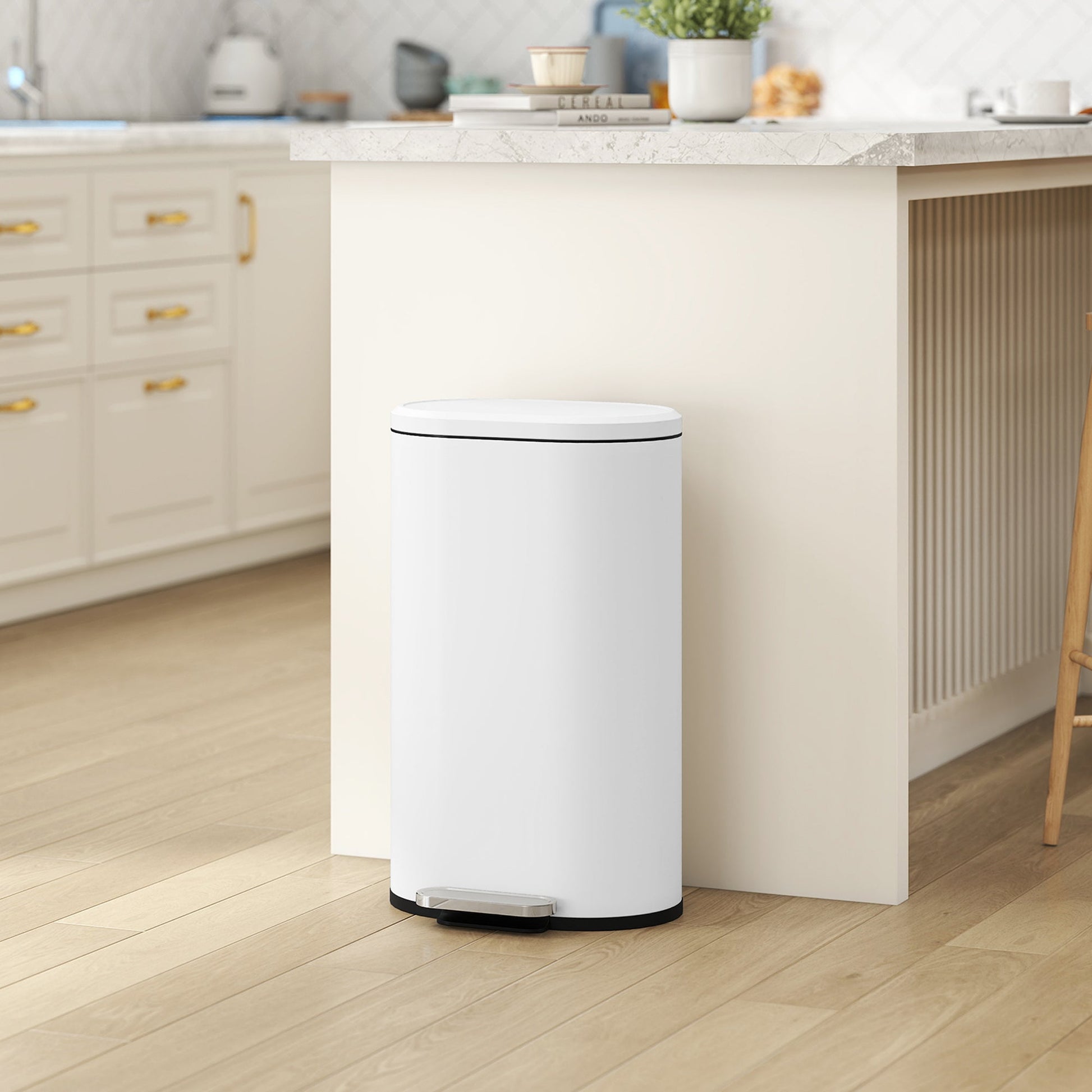 30L Kitchen Bin with 90° Stay-Open Lid, Slim Rectangular Pedal Bin with Soft-Close Lid, Removable Inner Bucket for Home Office, Fingerprint-Resistant, White