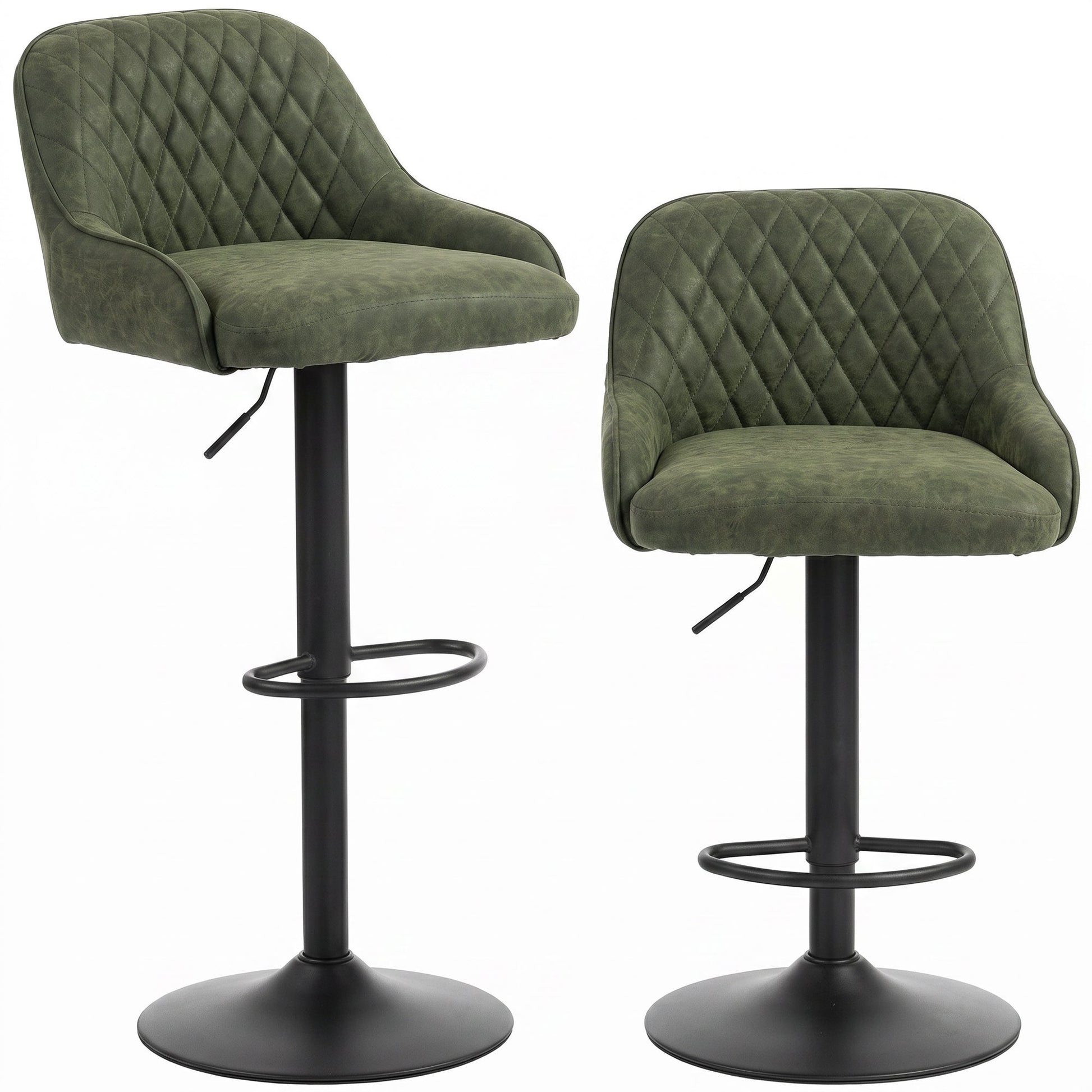 Breakfast Bar Stools Set of 2 with Wide Padded Seat, PU Leather Adjustable Swivel Bar Chairs, Modern Barstools with Footrest for Kitchen Island Counter, Home Bar, Dark Green