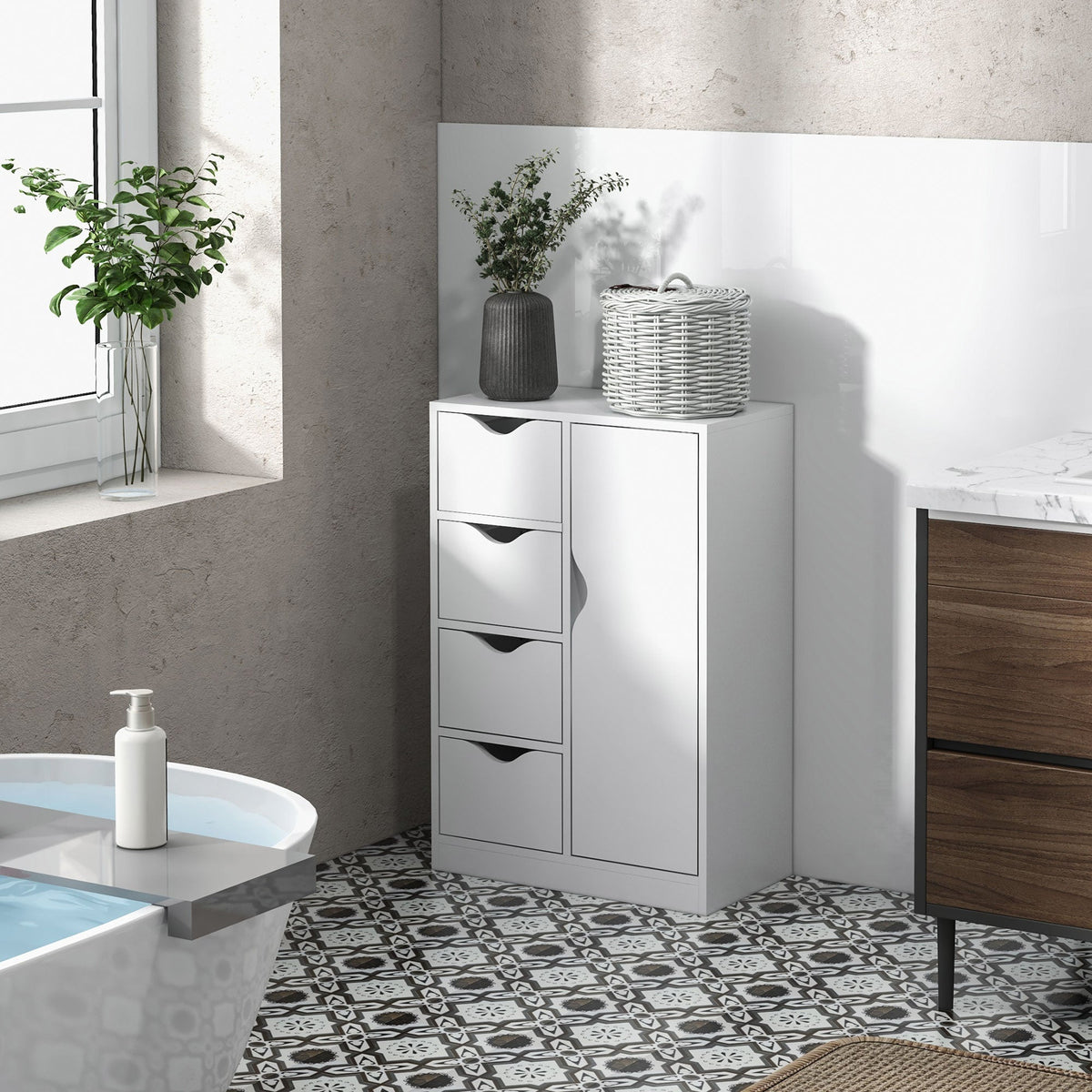 HOMCOM Bathroom Floor Cabinet, Freestanding Storage Unit with 4 Drawers and Door Cupboard for Living Room, Kitchen, Bedroom, White