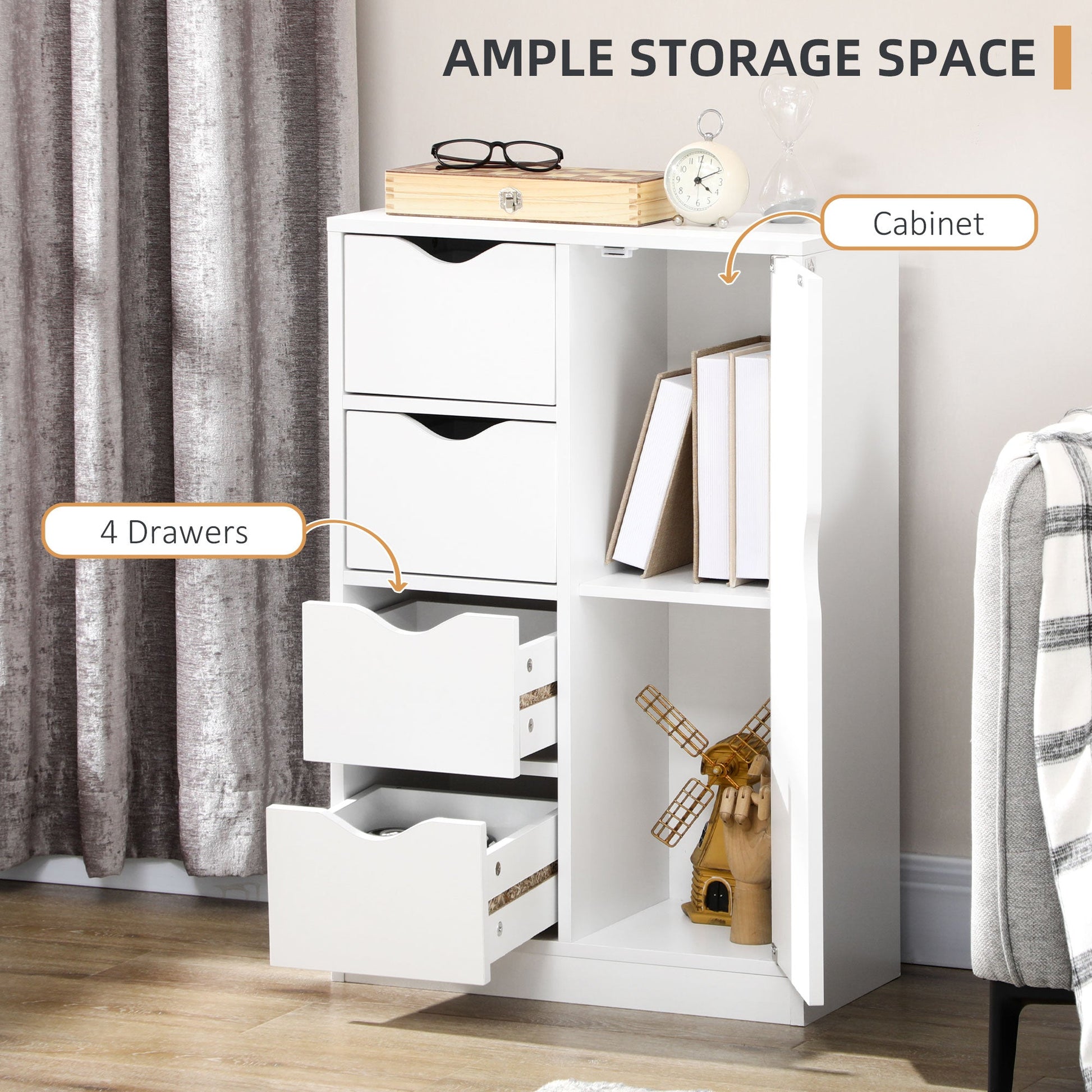 HOMCOM Bathroom Floor Cabinet, Freestanding Storage Unit with 4 Drawers and Door Cupboard for Living Room, Kitchen, Bedroom, White