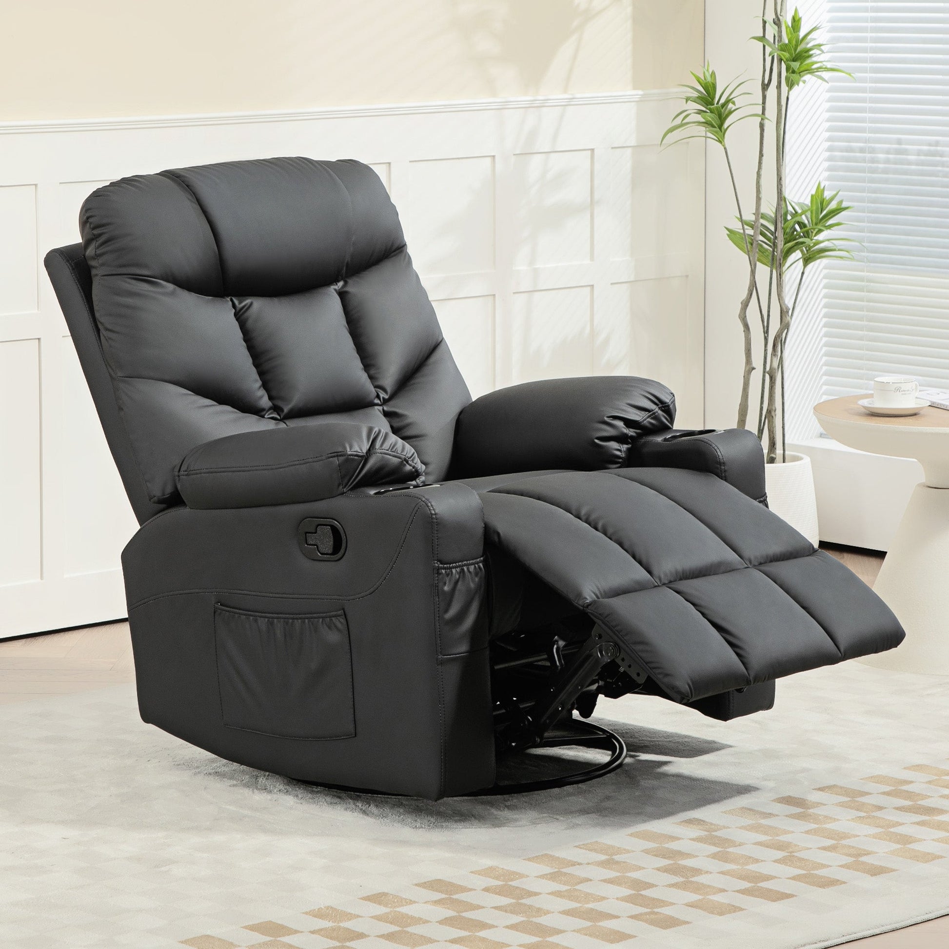 HOMCOM Recliner Armchair, Swivel PU Leather Manual Reclining Chair with Adjustable Leg Rest, Drink Holders, Side Pockets, Rocker Chair for Home Living Room, Black