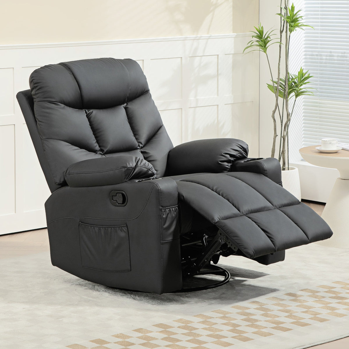 HOMCOM Recliner Armchair, Swivel PU Leather Manual Reclining Chair with Adjustable Leg Rest, Drink Holders, Side Pockets, Rocker Chair for Home Living Room, Black