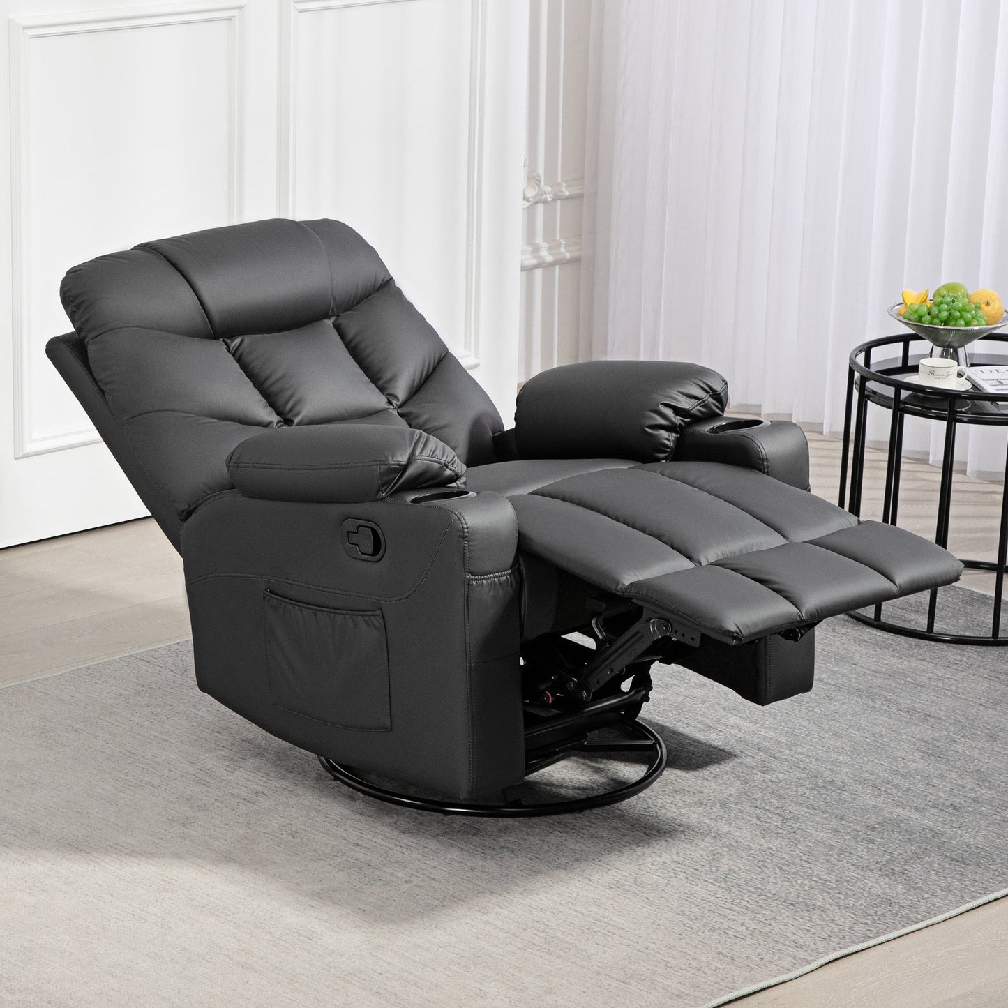 HOMCOM Recliner Armchair, Swivel PU Leather Manual Reclining Chair with Adjustable Leg Rest, Drink Holders, Side Pockets, Rocker Chair for Home Living Room, Black
