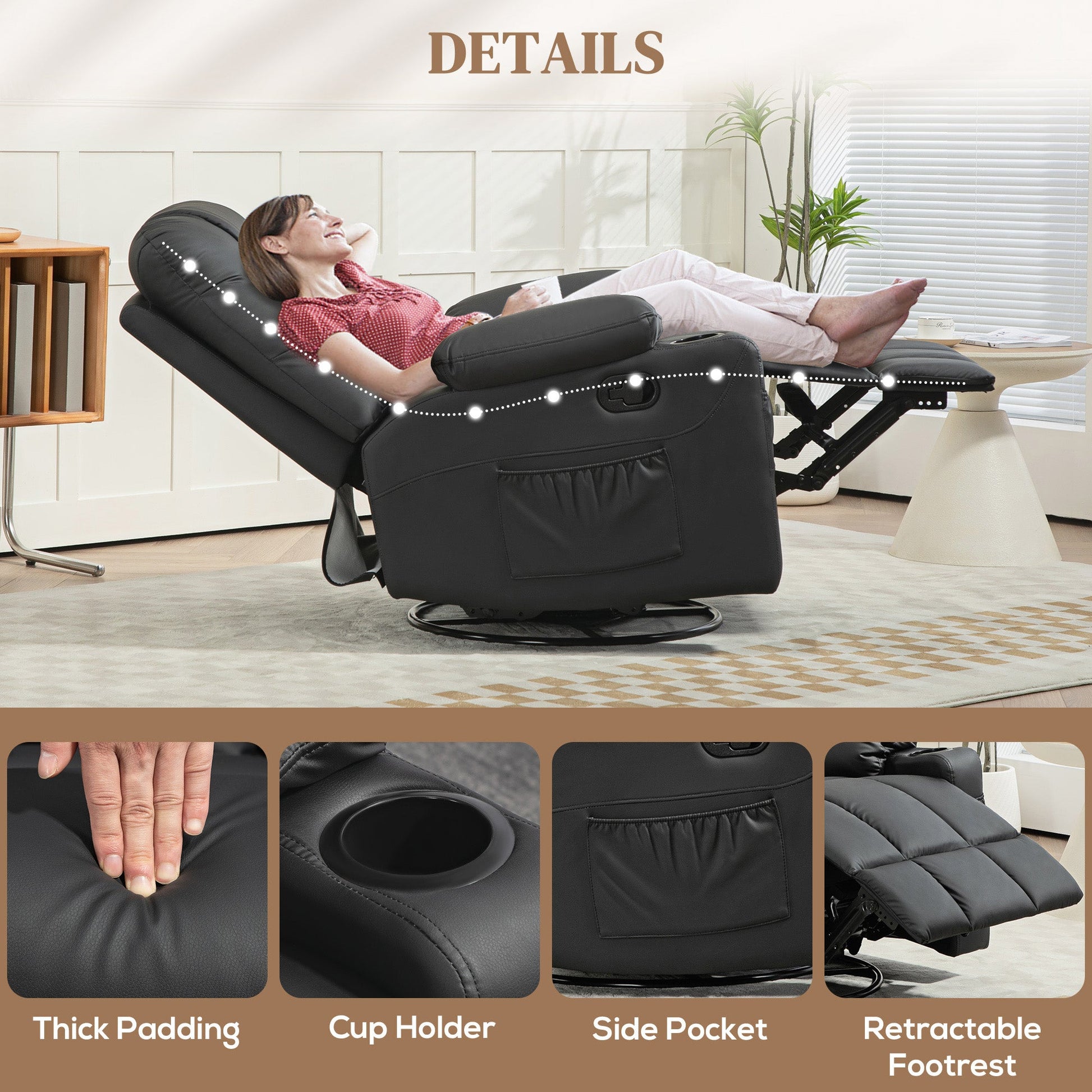 HOMCOM Recliner Armchair, Swivel PU Leather Manual Reclining Chair with Adjustable Leg Rest, Drink Holders, Side Pockets, Rocker Chair for Home Living Room, Black
