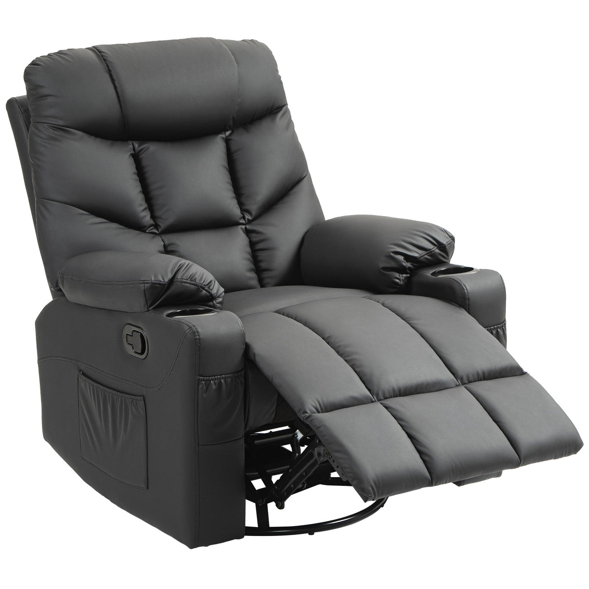 HOMCOM Recliner Armchair, Swivel PU Leather Manual Reclining Chair with Adjustable Leg Rest, Drink Holders, Side Pockets, Rocker Chair for Home Living Room, Black