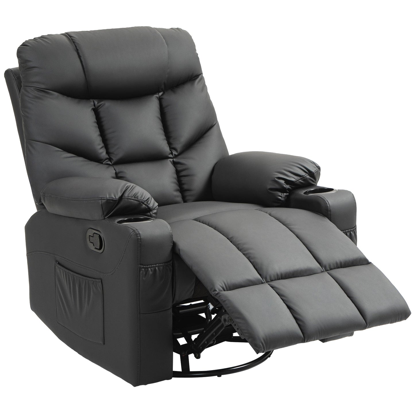 HOMCOM Recliner Armchair, Swivel PU Leather Manual Reclining Chair with Adjustable Leg Rest, Drink Holders, Side Pockets, Rocker Chair for Home Living Room, Black