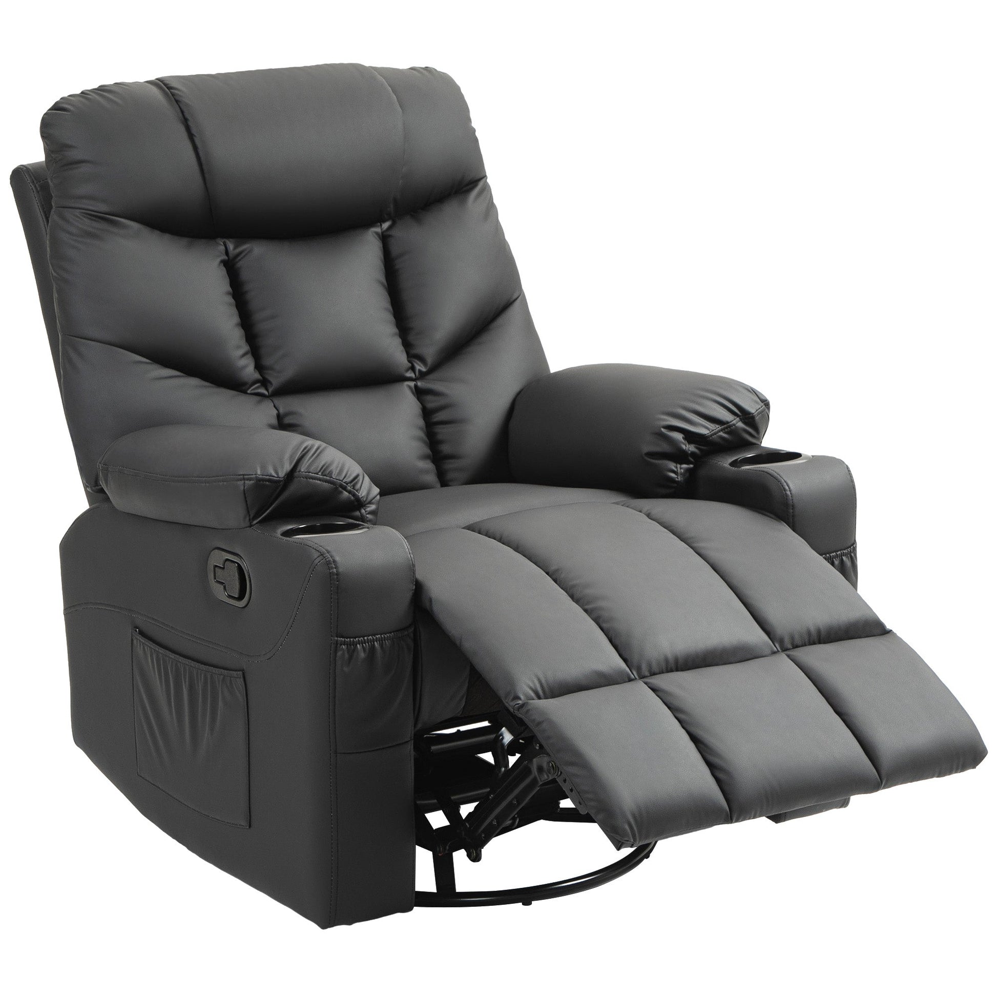 HOMCOM Recliner Armchair, Swivel PU Leather Manual Reclining Chair with Adjustable Leg Rest, Drink Holders, Side Pockets, Rocker Chair for Home Living Room, Black