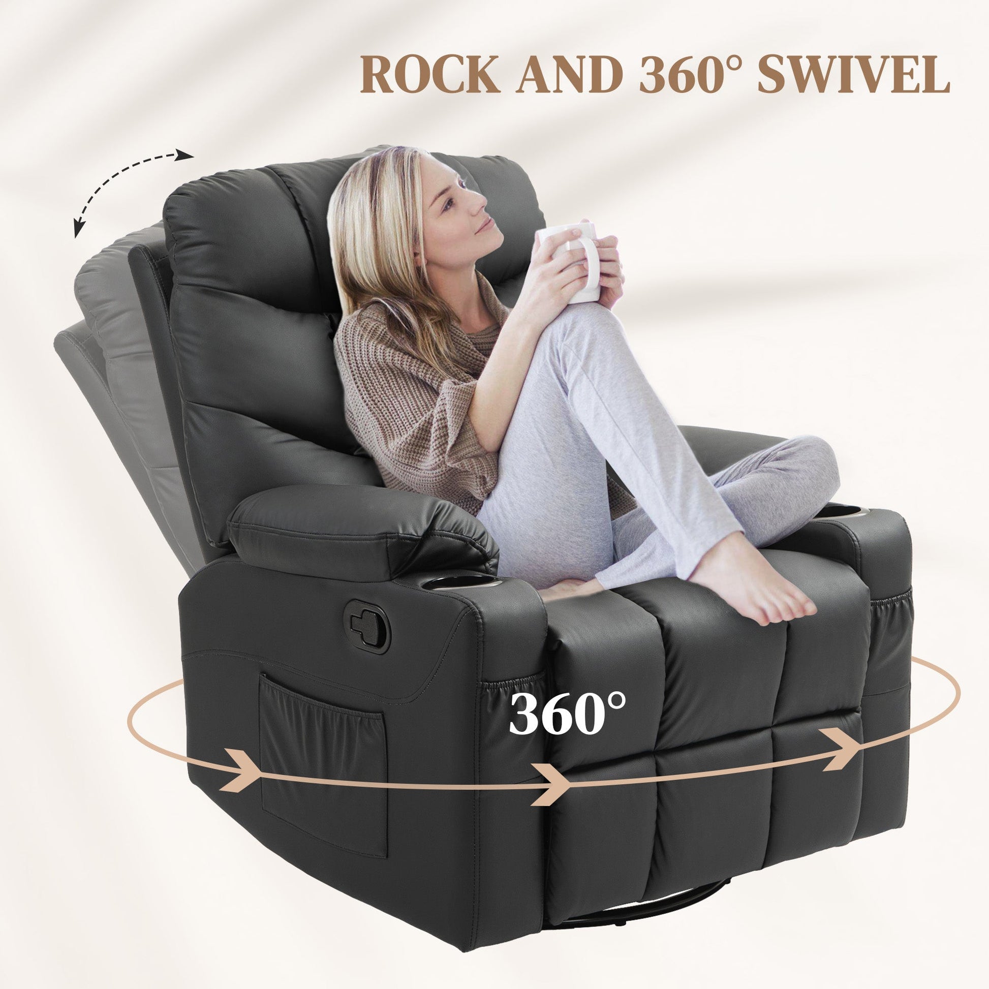 HOMCOM Recliner Armchair, Swivel PU Leather Manual Reclining Chair with Adjustable Leg Rest, Drink Holders, Side Pockets, Rocker Chair for Home Living Room, Black